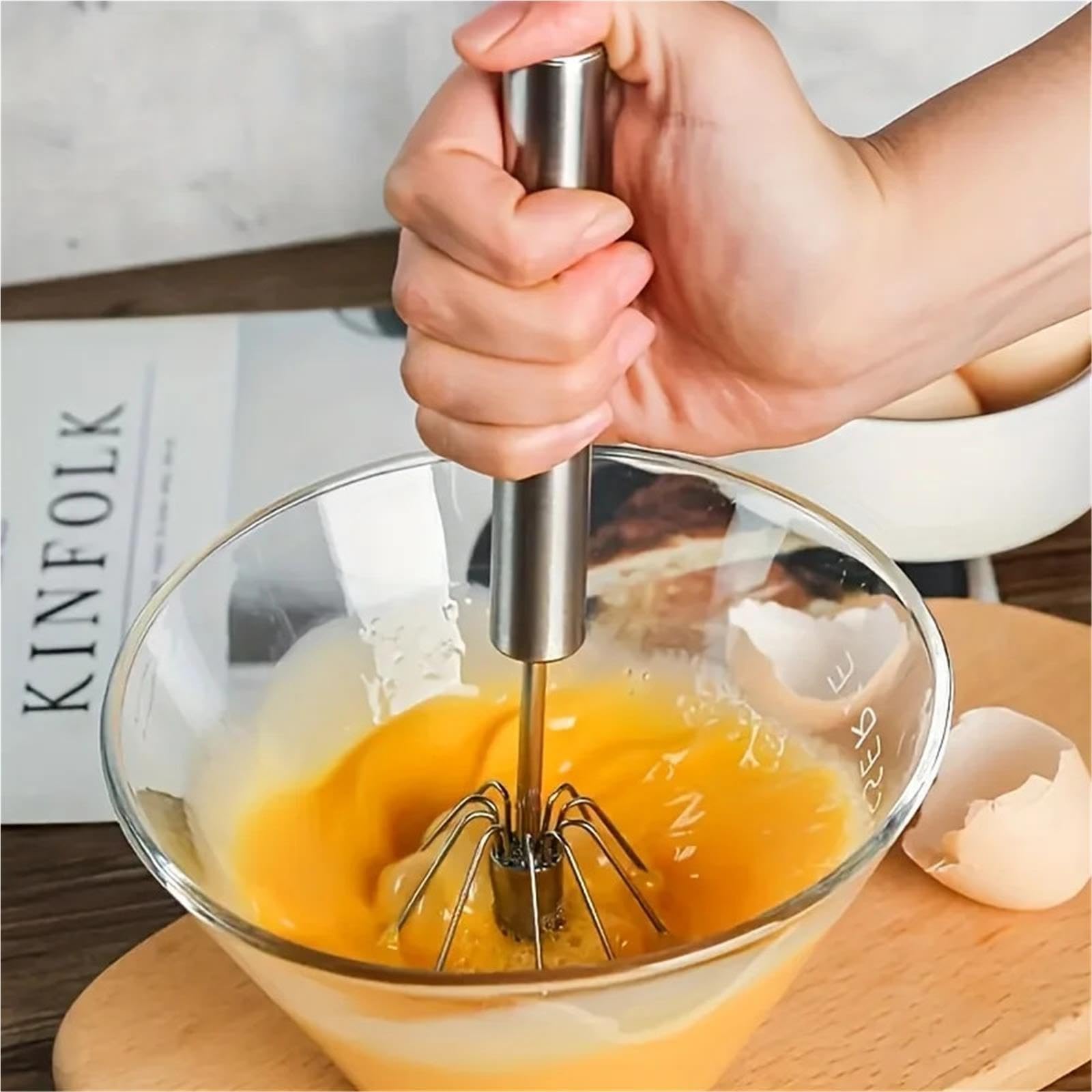 Kochen Edelstahl Schneebesen Milchkännchen Halbautomatischer Drehbesen Buchenholz Vase Griff Handmixer Kochen Ballon Ei(3