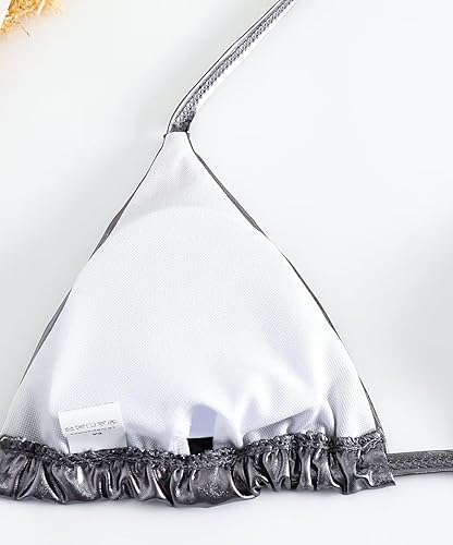 Miniatura 5 de Falainetee Traje de baño metálico brillante para mujer, traje de baño de cintura alta, triángulo, lazo lateral, conjunto de bikini