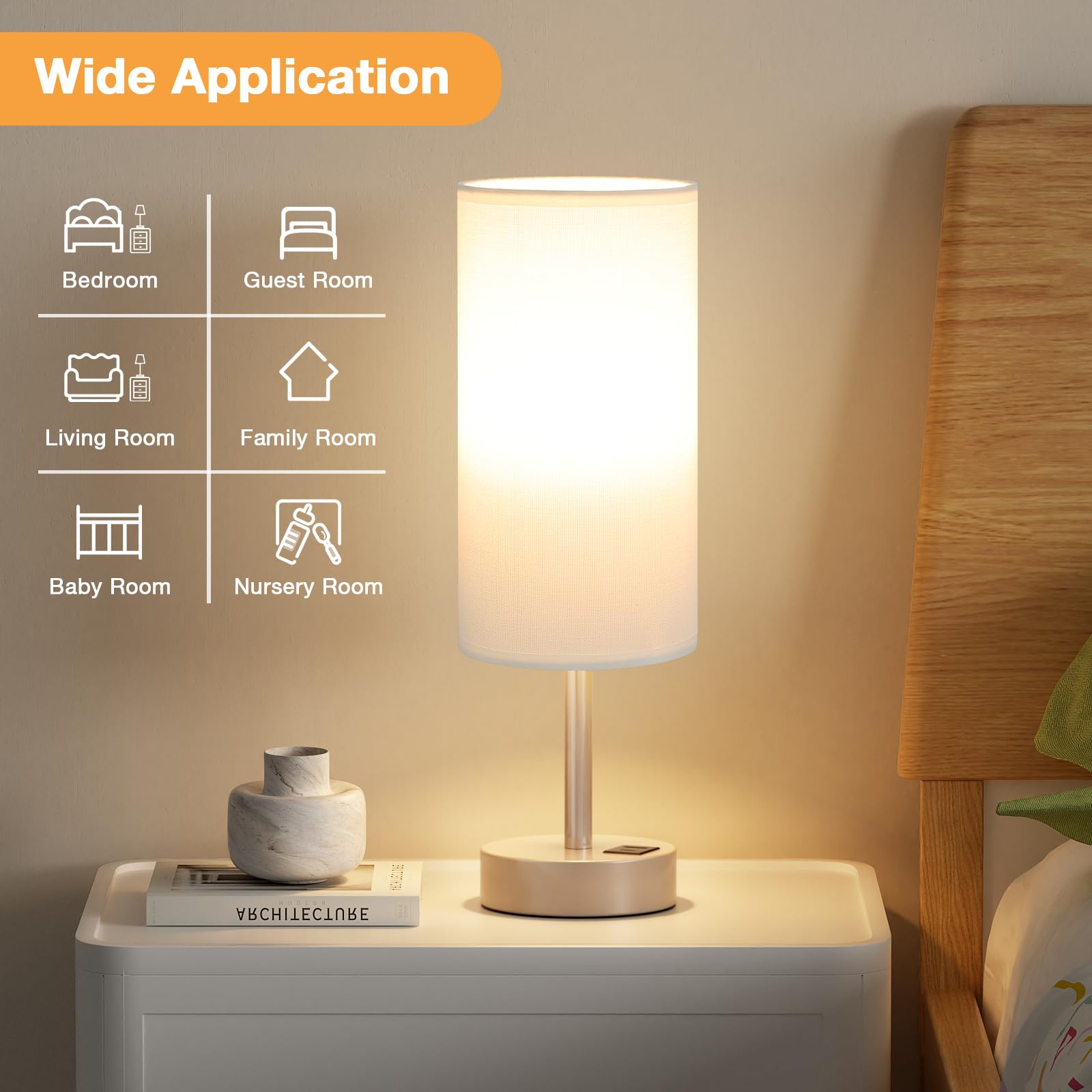 Aooshine Gold Bedside Lamp, Table Lamp with USB-C+A Charging Ports, Gold Metal Base(Bulb Included), F-champagne Gold, 14in - Image 3