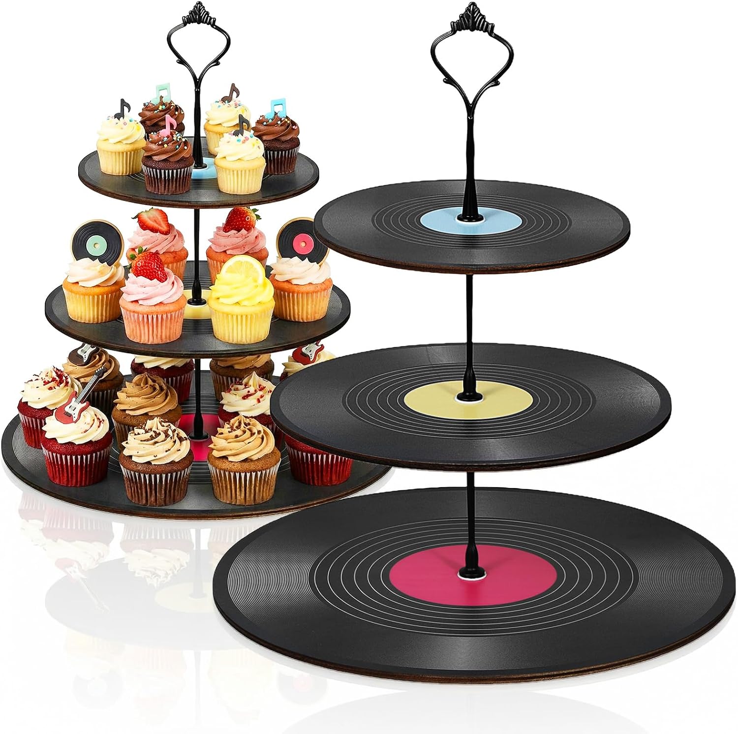 2 Pack 3 Tier Rock and Roll Record Music Party Decoration Wooden Cake Stand Set, Vinyl Record Cupcake Holder with 12/9/7'' Records Plates Metal Stands Felt Pads for 50s Retro Theme Party