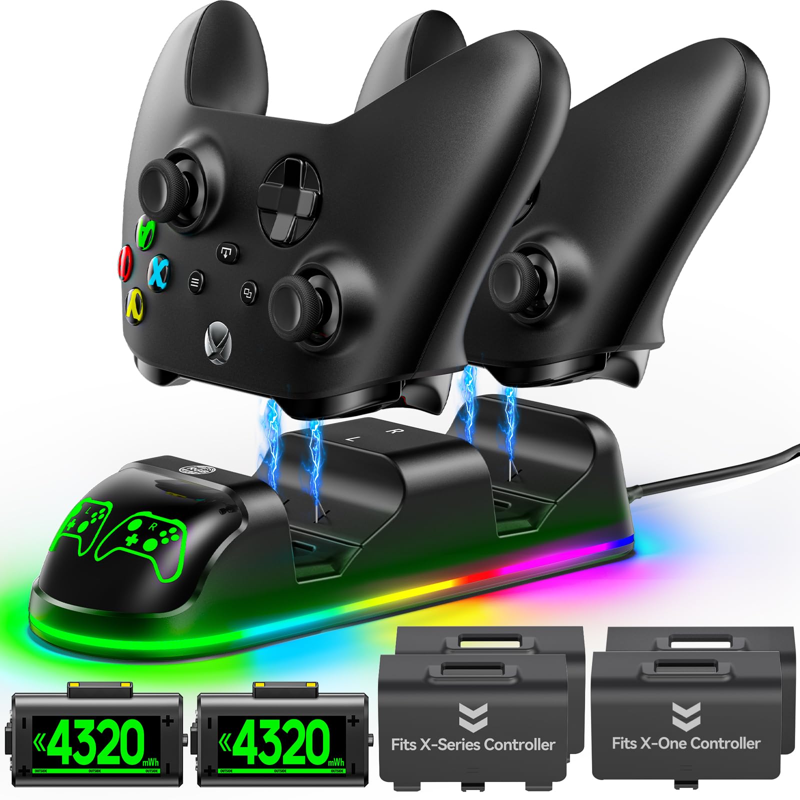 Station de Charge pour Manette X-Box Series X/S/One, 2x4320mWh Batteries Rechargeables pour Manettes X-Box, Accessoire X-Box et Chargeur pour Manette X-Box One/Series X/S avec Lumière LED