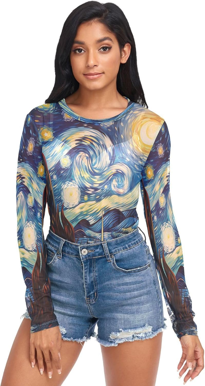 Van Gogh Art Moon Women's Sexy T-Shirts Short Shirt Ice Silk See Through Top Blouse - Image 3