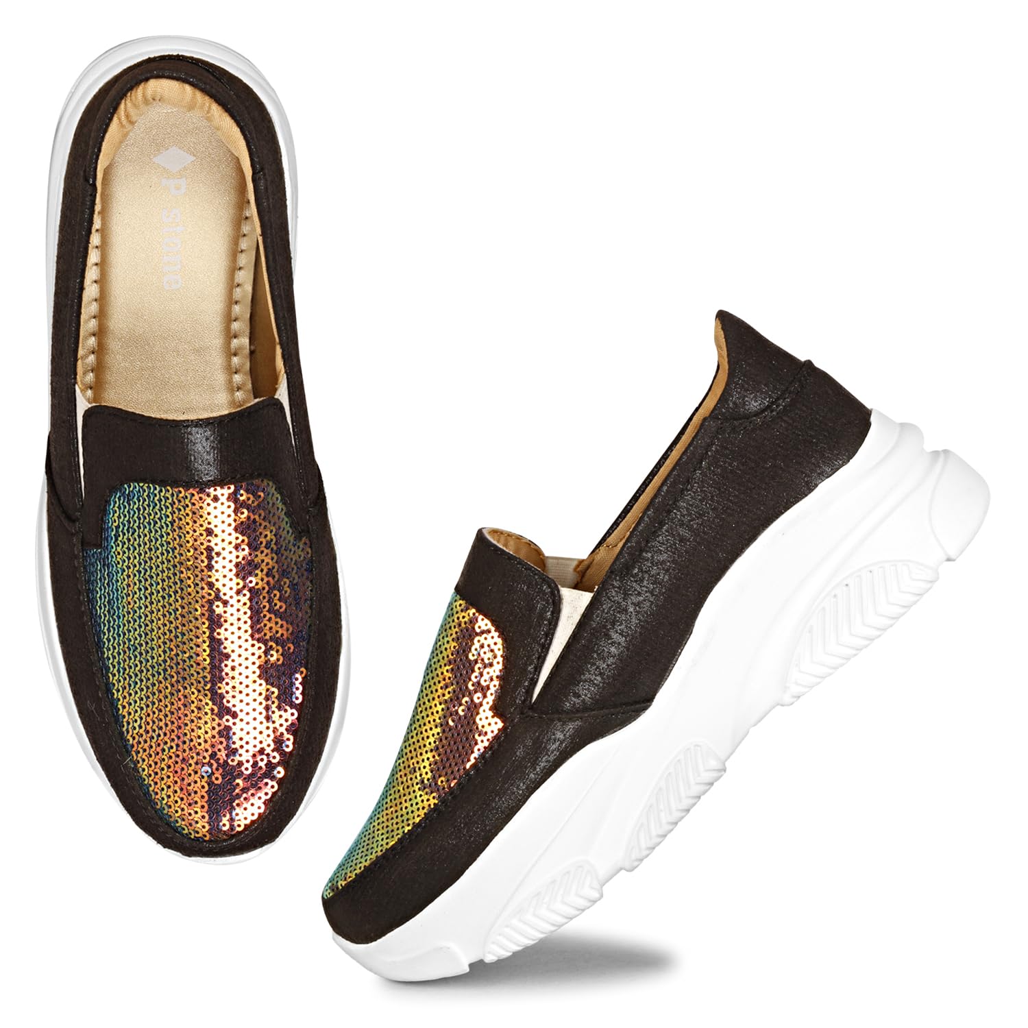 P stone Womens Stiched Comfort Slip on Sneaker Shoes (Black, 4) (B0CVV41LZ5) Amazon Price History, Amazon Price Tracker