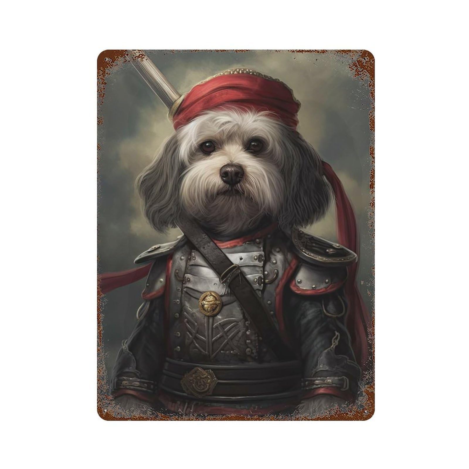 Rustic Tin Plaque with Havanese Dog in Armor Design 15.7"x11.8", for Cafe, Home Bar And Lounge Decor, Novelty Wall Decor