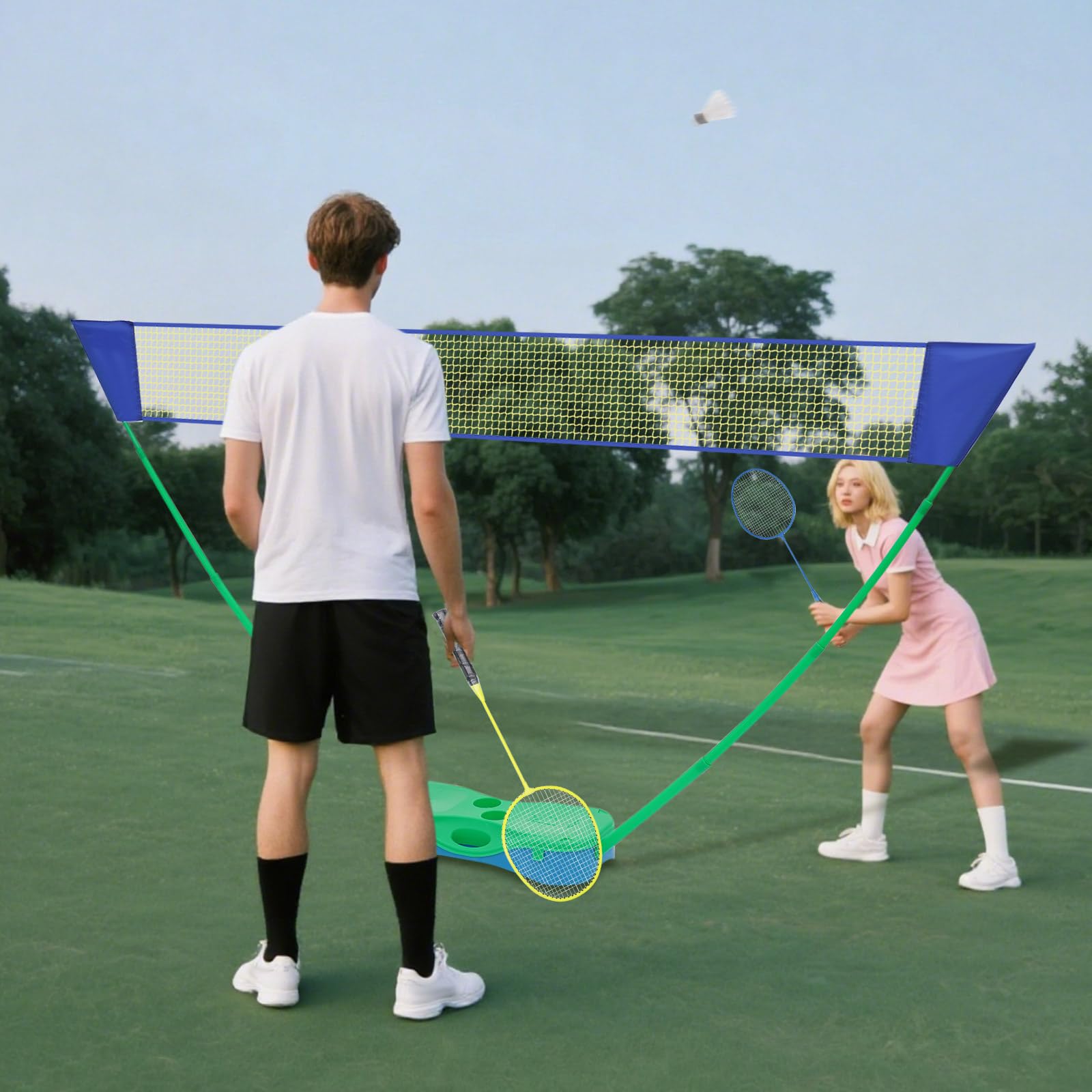 Filet de badminton avec support, support de filet portable, filet de badminton avec 2 raquettes de badminton, 2 volants, filet de volley-ball pour intérieur et extérieur, arrière-cour, plage