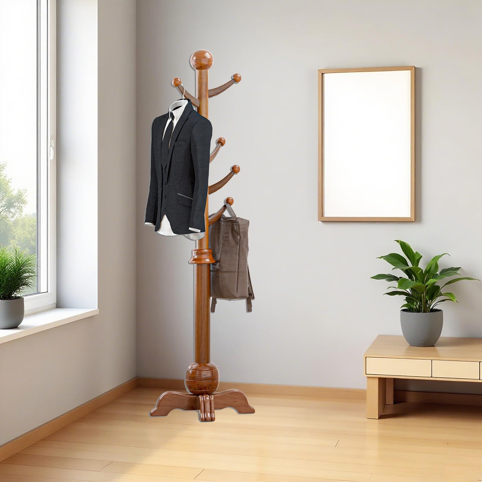 Garderobenständer aus Holz, Garderobe mit 8 Haken, Kleiderständer Jackenständer mit Stabile Basis, Maximale Tragkraft 100 kg, für Flur Büro Wohnzimmer Eingangsbereich