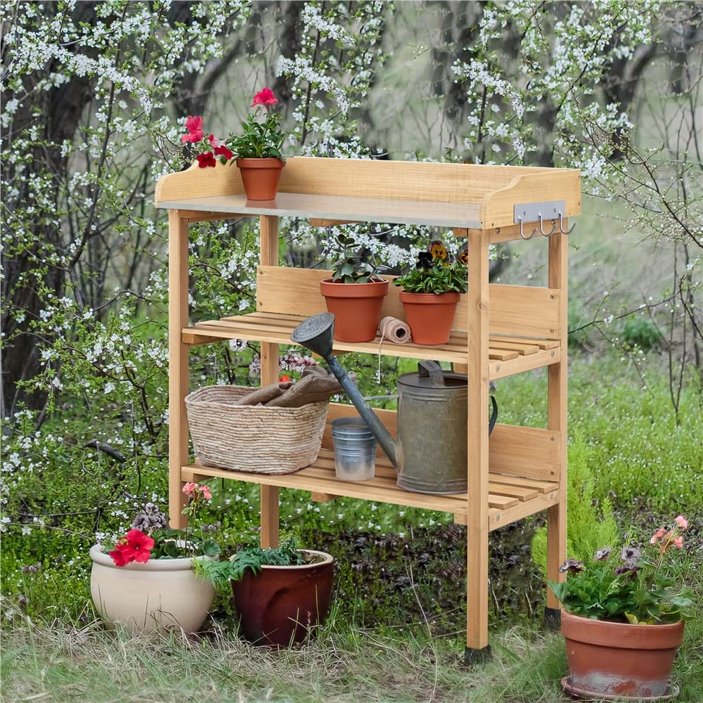 Yaheetech Mesa Jardinería 3 Niveles de Madera para Plantación 90cm de Altura con Superficie de Trabajo de Metal Impermeabilidad y Durabilidad Madera