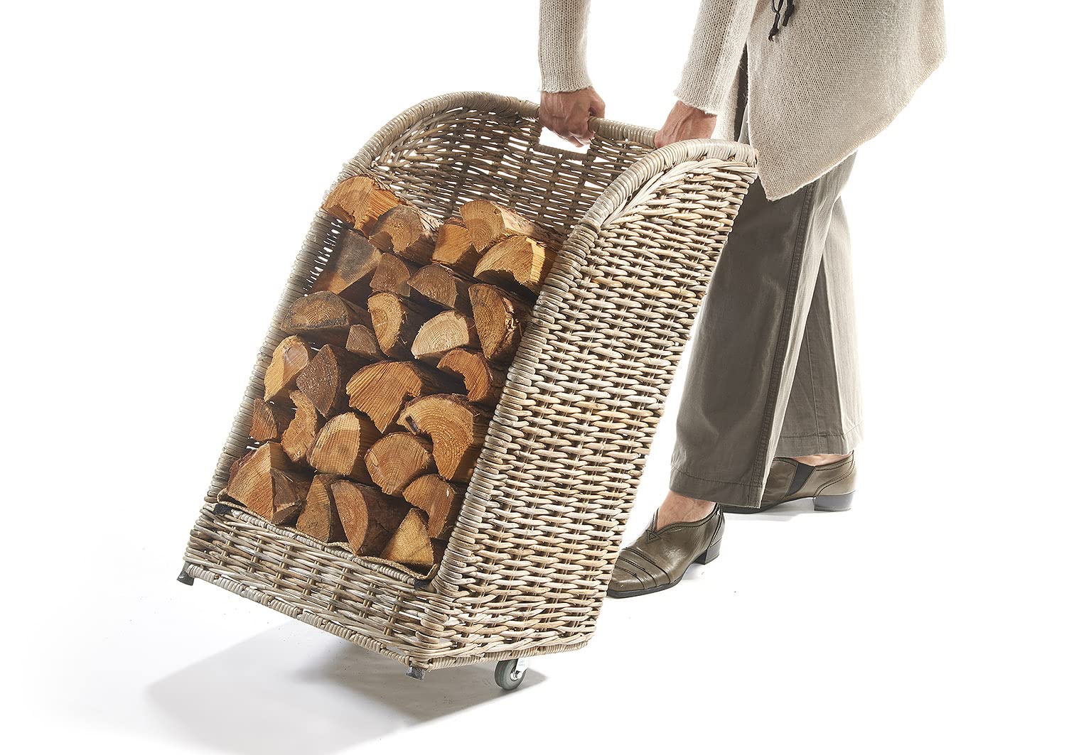 Kobolo Kaminholzwagen aus Rattan, Kubu Grey mit Leinenstoff, 44x34x 78 cm, robuste & stilvolle Holzaufbewahrung mit Rollen für Kaminholz, Brennholz im modernen Design