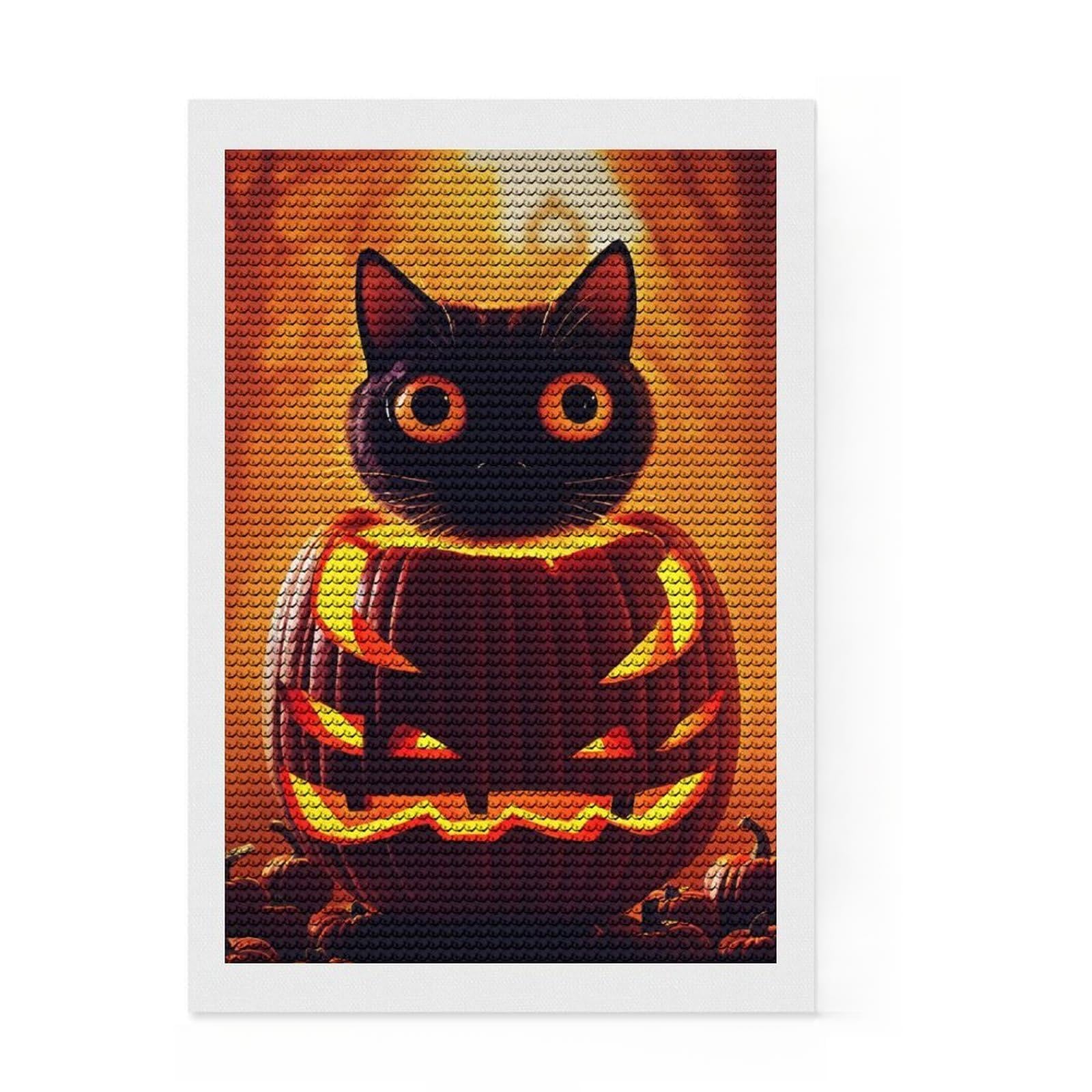 Junmoney Halloween Cat Diamond Art Canvas 8"x12", for Beginners, Easy to Enjoy, Cosy Home Accent, Christmas Gift, Enjoyable At-Home Hobby