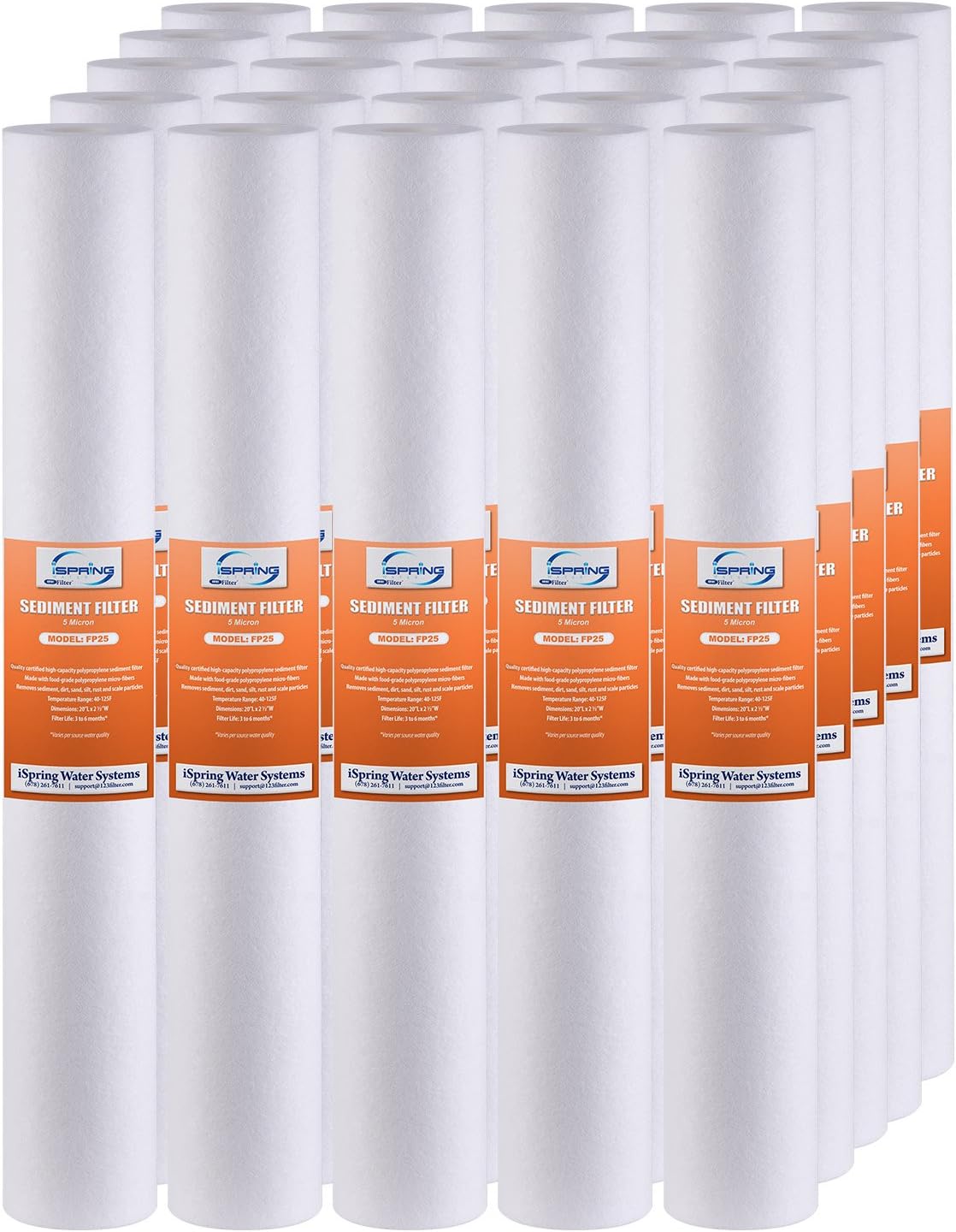 iSpring FP25X25 High Capacity 20” x 2.5” Water Replacement Cartridges Fine Sediment Filter, 5 Micron, 25 Count (Pack of 1), White