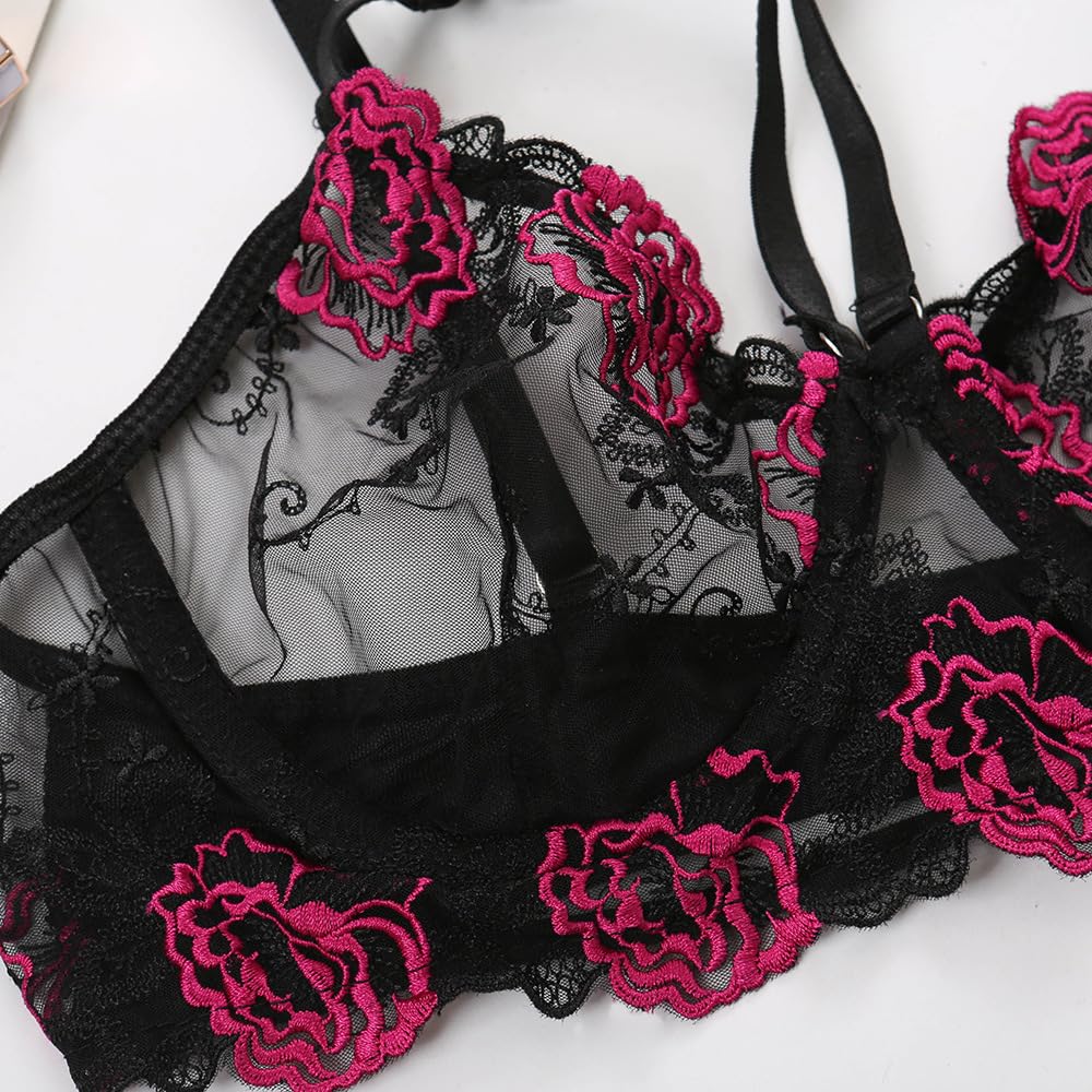 Sexy outfit Seksowne komplety bielizny z haftem w róże 2 szt. Biustonosz z fiszbinami w kwiaty z siateczki i sznurkiem Prześwitujące regulowane ramiączka Bielizna Dekolt w kształcie litery V Bielizna