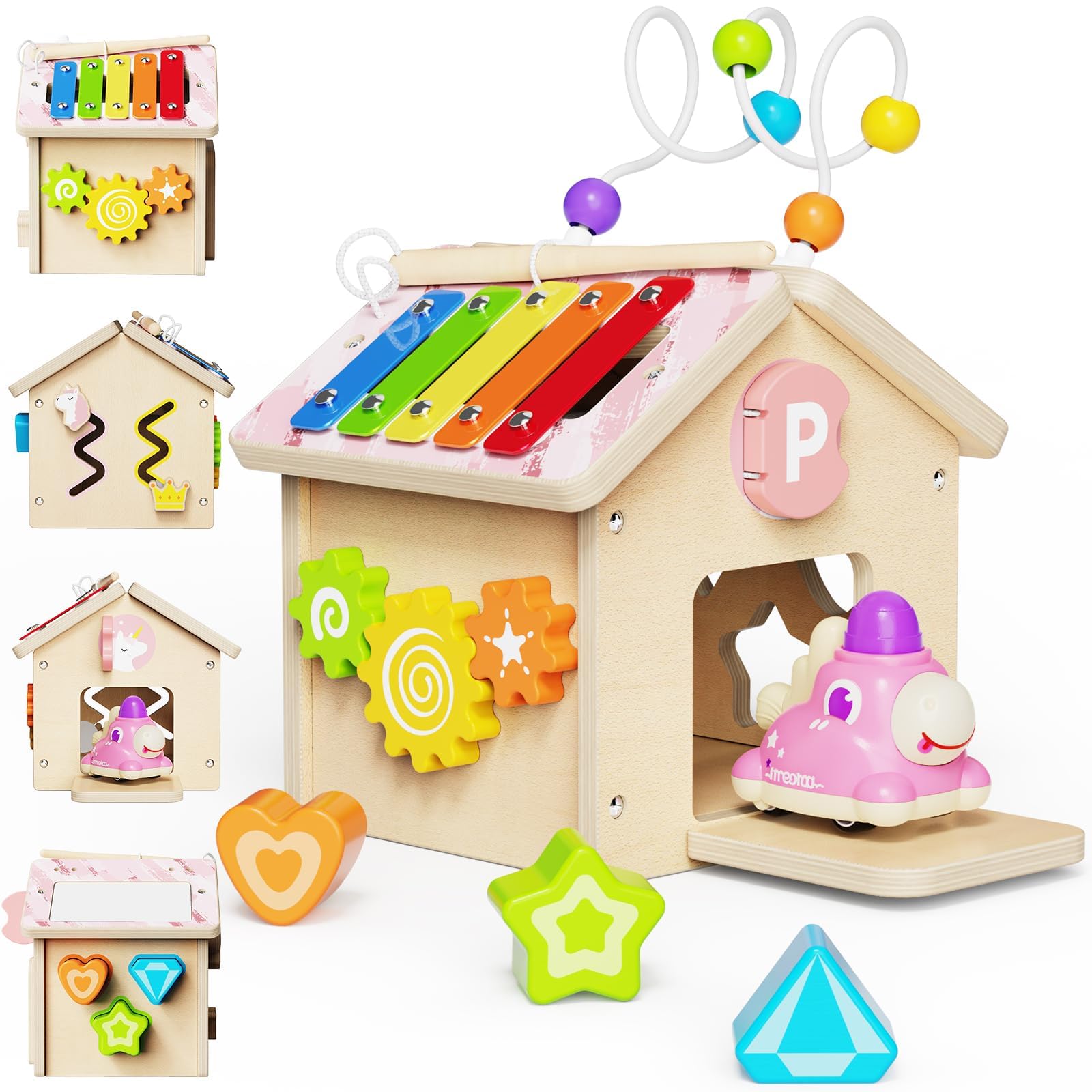 Montessori Baby Activity Center Toys for 1+ Year Old,Wooden Activity Cube