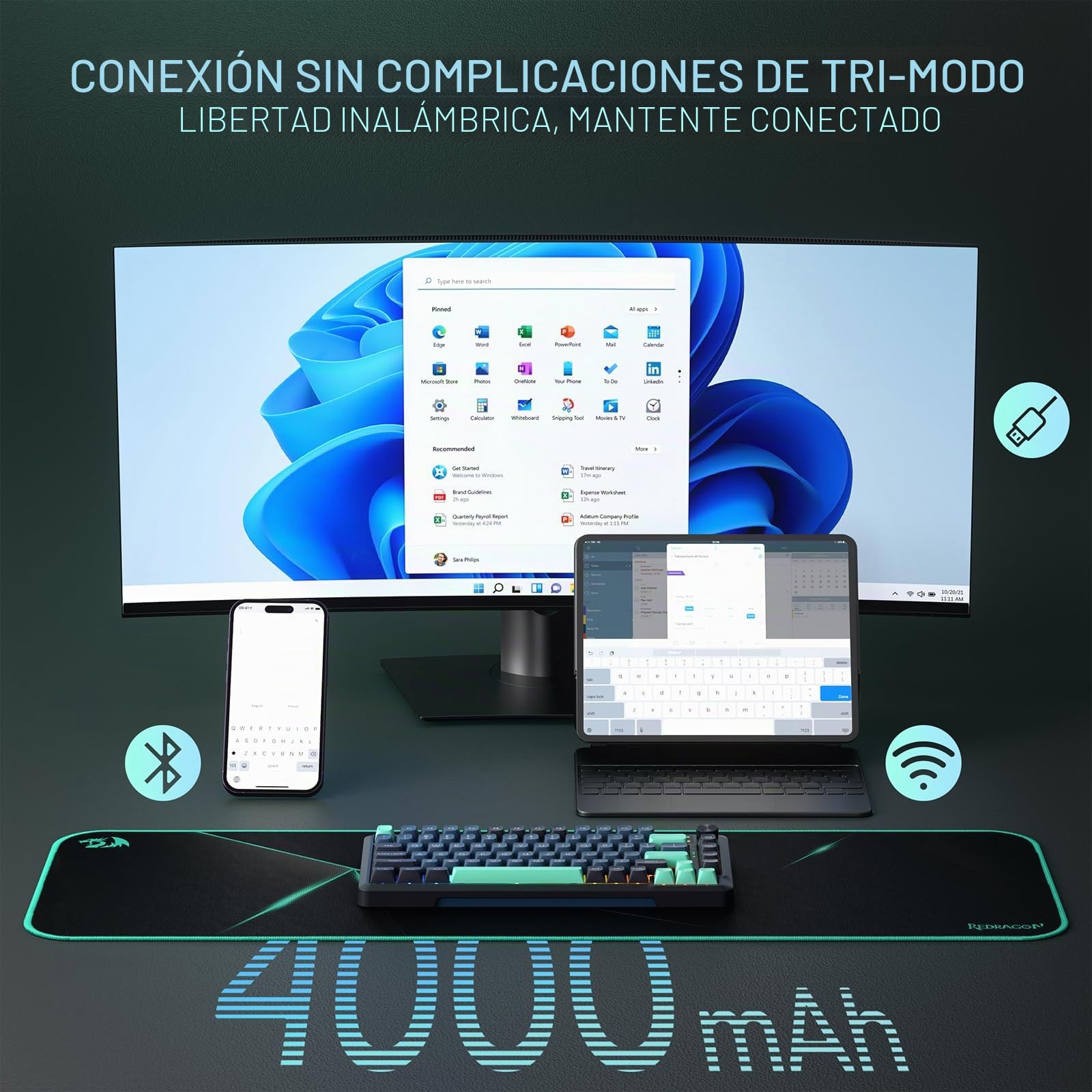 Redragon K724 Pro Teclado Gaming Gasket Inalámbrico Pantalla TFT 80% | Pantalla TFT 1,14 Pulgadas Perilla Control 5 Capas Atenuación Ruido Mecánico US Layout