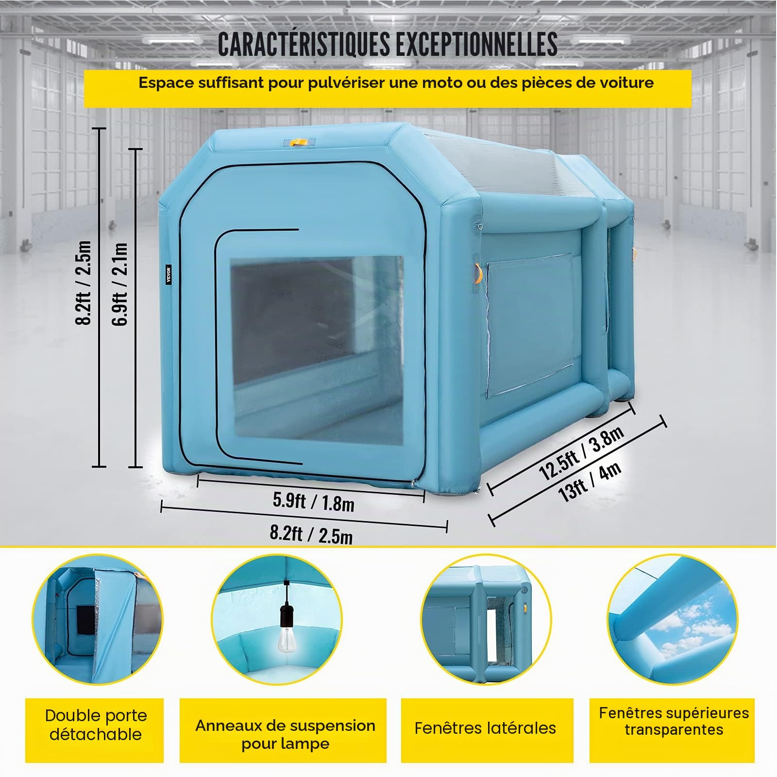 VEVOR Cabine de peinture gonflable 4 x 2,5 x 2,5 m - Tente en tissu Oxford 210D PVC - Cabine de peinture de voiture avec ventilateur de gonflage/ventilation - Idéal pour la peinture et la réparation