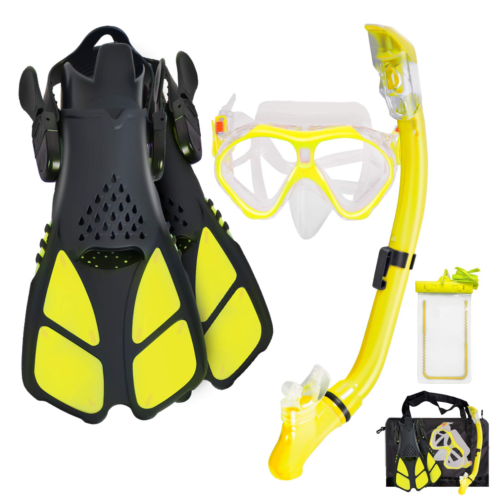 Set da snorkeling per bambini con maschera e boccaglio + pinne regolabili + tubo da snorkeling + sacca da viaggio (giallo)