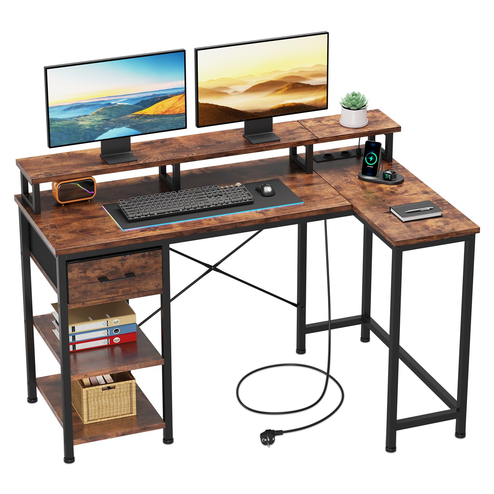 Dripex Corner Desk with USB Charging Port and Power Outlet, L-Shaped Desk with Monitor Stand for Home, Office 120 x 80 x 76 cm