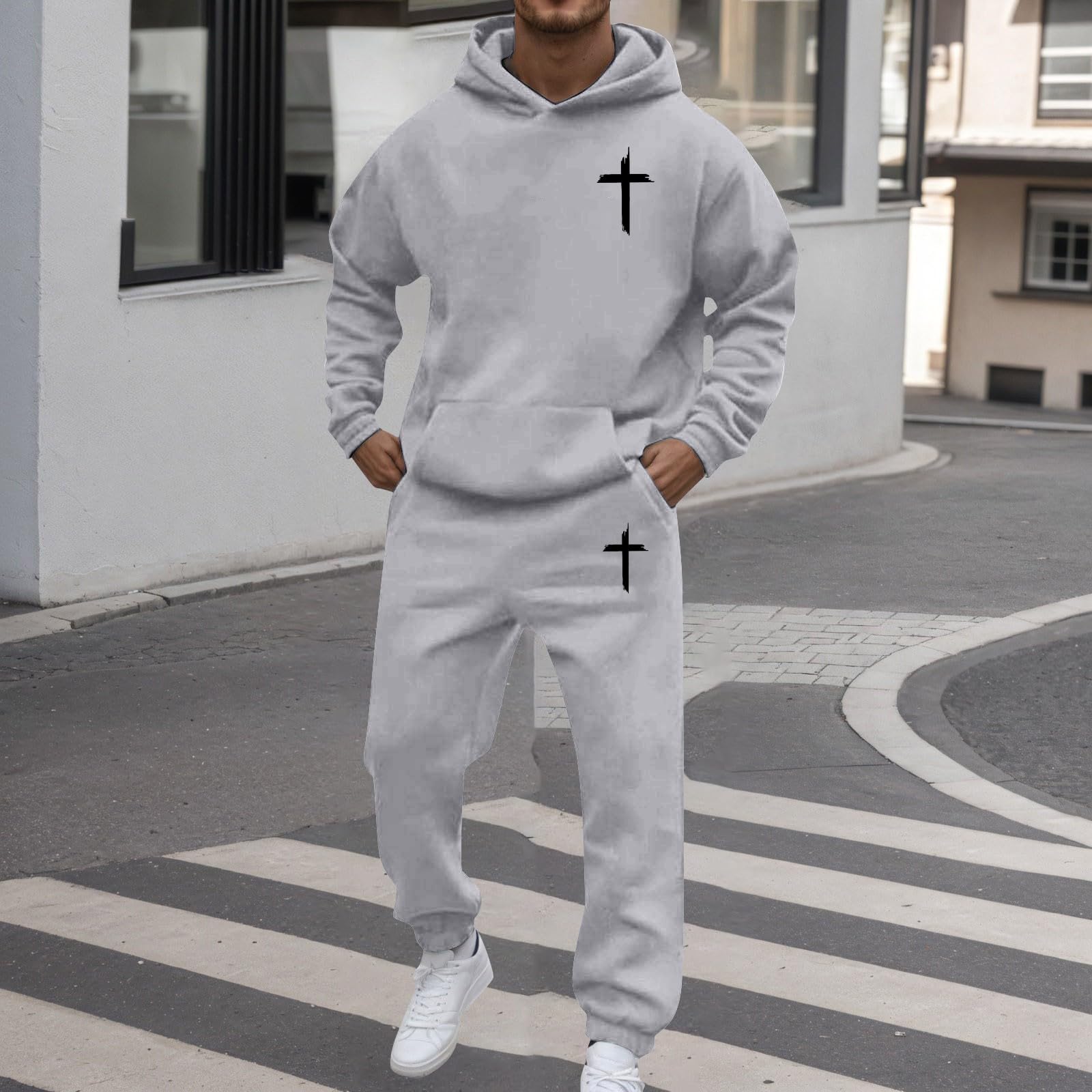 Christian, tuta da uomo, set completo di 2 pezzi, con stampa a croce, felpa con cappuccio a maniche lunghe e pantaloni da jogging