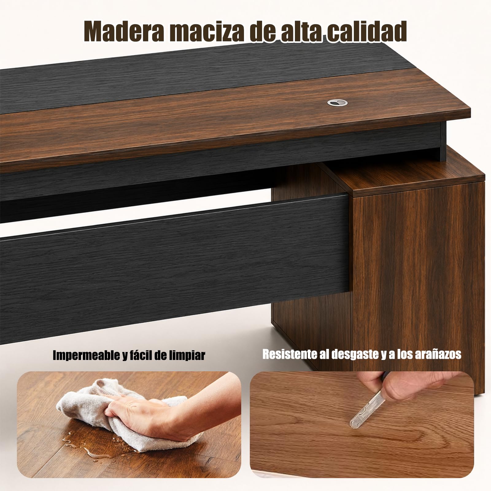 Escritorio Ejecutivo en L con Armario de Almacenamiento y 3 Cajones, Mesa de Oficina con Gestión de Cables, Escritorio para Ordenador con Estantes y Espacio para CPU, Mueble de Oficina Moderno