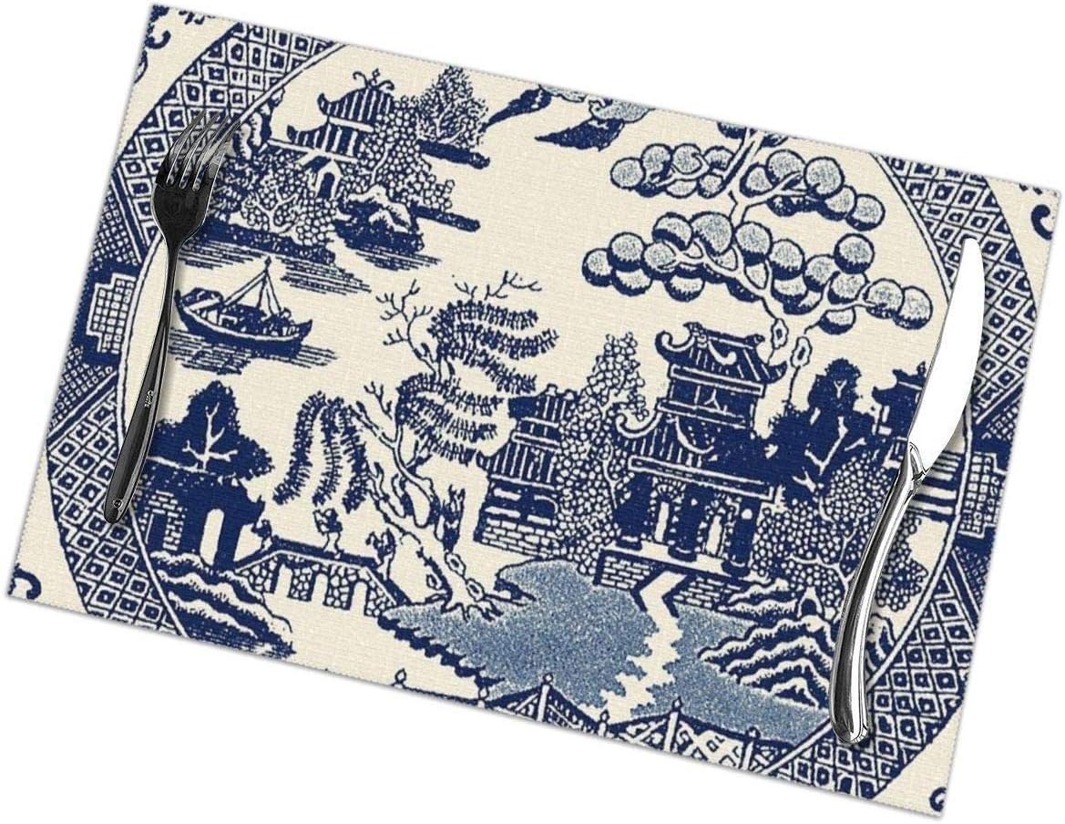 China Blue Willow Rectangular Table Placemats Set of 6 Table Mats, Good Vibes Skid-Proof Heat-Resistant Stain Resistant Kitchen Mats for Dining Table Easy to Clean 18 X 12 in
