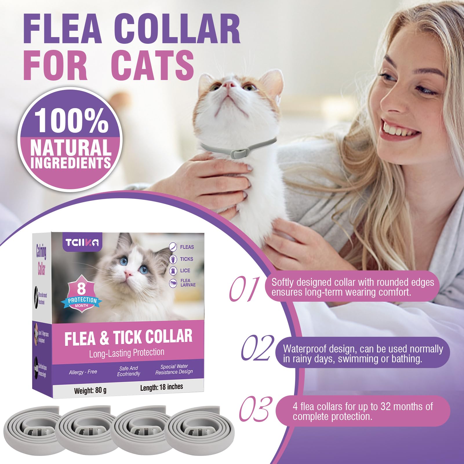Collar Antiparasitario Gatos Collar Antipulgas Gatos 4piezas Collar Antipulgas y Garrapatas para Gatos Collar Antiparasitario 8meses de ProteccióN Duradera Impermeable TamañO Ajustable Collares Pulgas