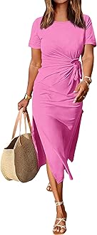 ANRABESS Women's 2026 Summer Maxi Tshirt Dress Short Sleeve Crewneck Tie Waist Casual Slim Fit Slit Spring Long Beach Dresses