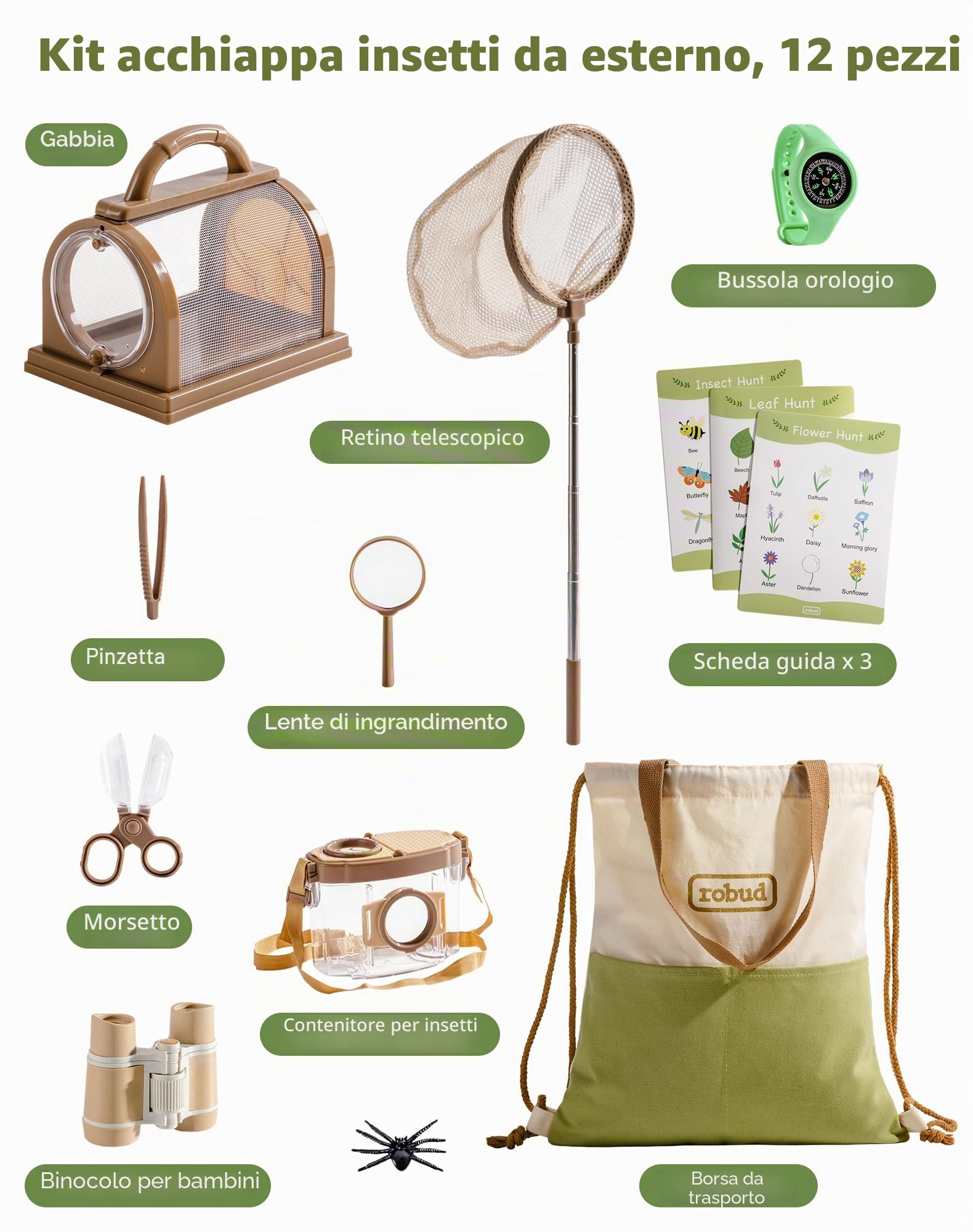 ROBUD Kids Outdoor Explorer Kit, Bug Catching Adventure Set with Butterfly Net, Magnifying Glass, Kids Binoculars, Bug Container, Carry Bag, Educational Toys Gift for Toddler Ages 3+