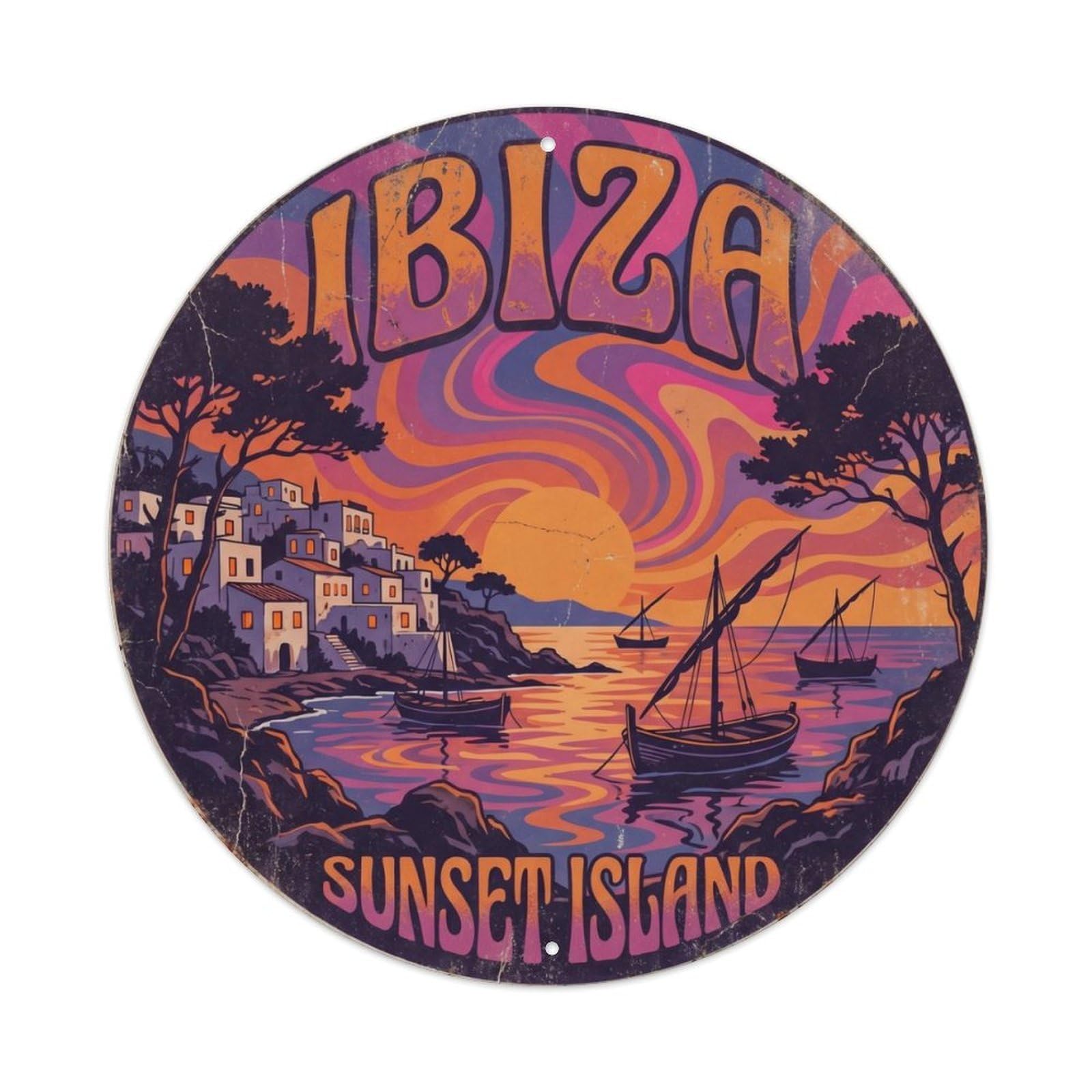 Vintage Travel Ibiza Sunset Mediterranean Metal Tin Sign Plaque Wall Decor for Cafe, Club Bar, Office, Home Garden Round Metal Poster 8x8Inch
