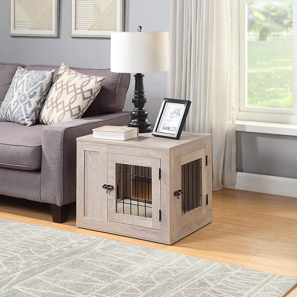 unipaws Furniture Style Dog Crate End Table with Cushion, Wooden Wire Pet Kennels with Double Doors, Medium Dog House Indoor Use