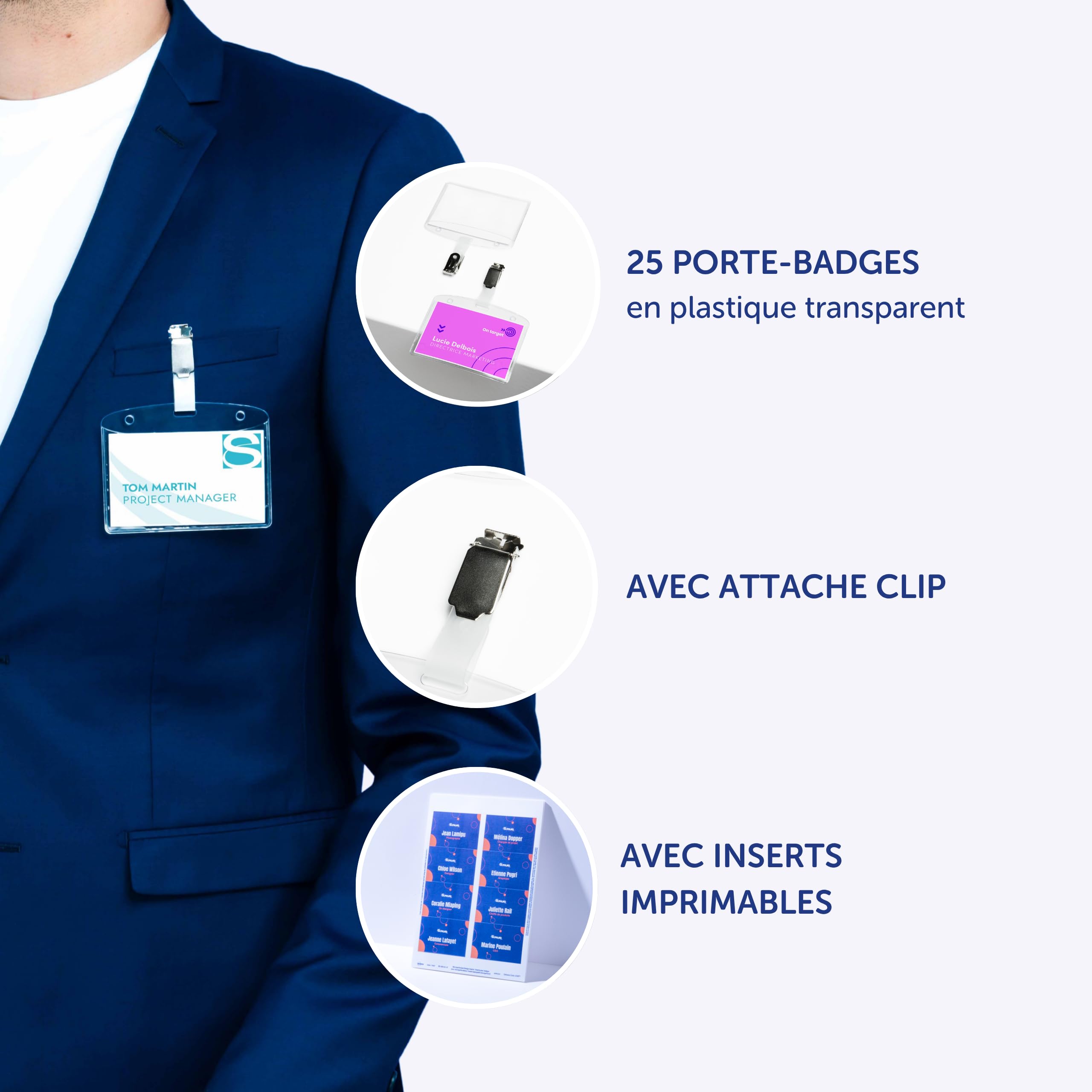 AVERY - Badges avec pince métal - plastique souple transparent - 32 inserts imprimables - 60x90 mm - Impression laser / jet d'encre. (4822)