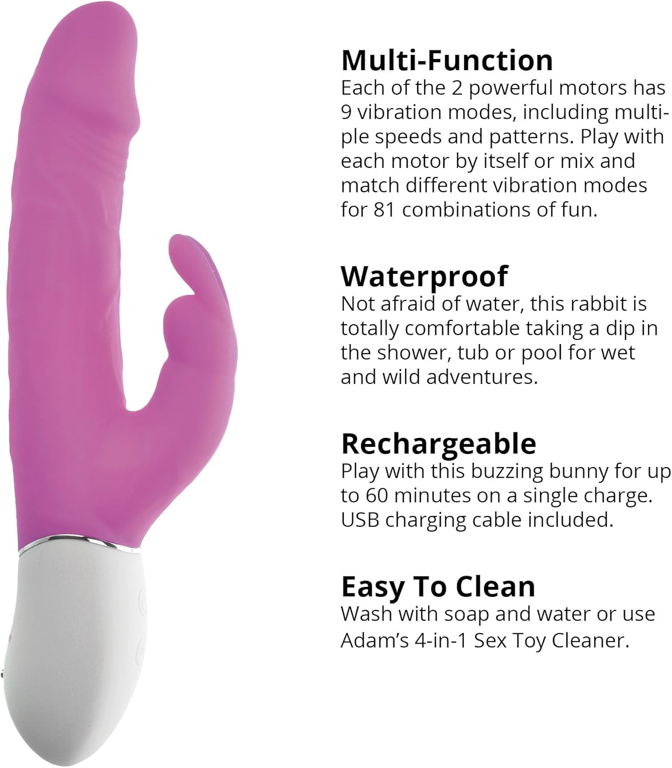 Adam and Eve Eve's Rechargeable Waterproof Realistic Rabbit Vibrator, Adult Sex Toy with Thrusting Dildo for G Spot and Clitoral Stimulation, Dual Action Pleasure for Women and Couples, 8.5 Inch, Pink