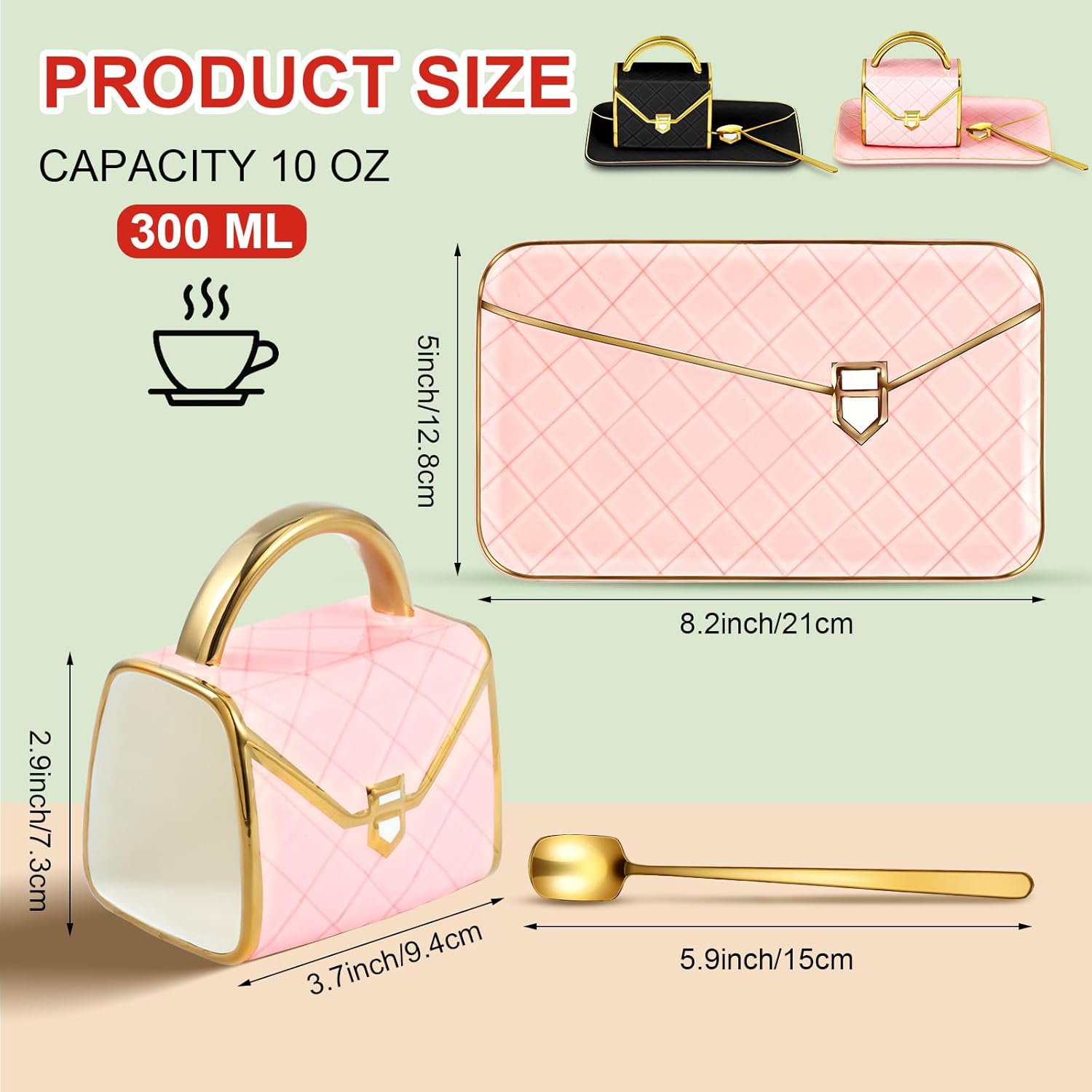 Zubebe 2 Sets Coffee Mug Elegant Handbag Shaped Cup Mother's Day Modern Ceramic Purse Mug with Spoon and Saucer, 10oz Cute Creative Tea Cup for Woman Girls Gift (Pink,Black)