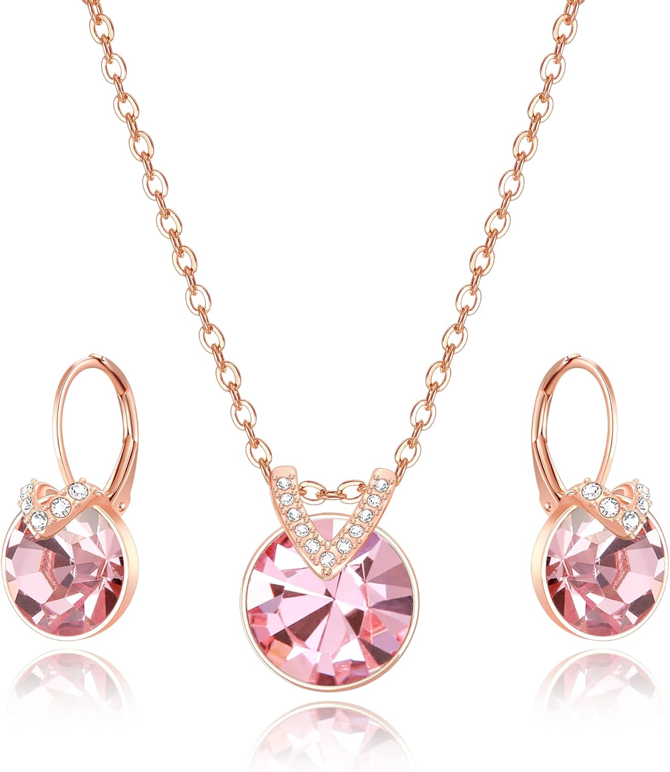 Crysdue Austrian Crystal Jewelry Set for Women, Dainty Round CZ Pendant Necklace Hoop Earrings for Wedding Party Prom Rose Gold-Tone