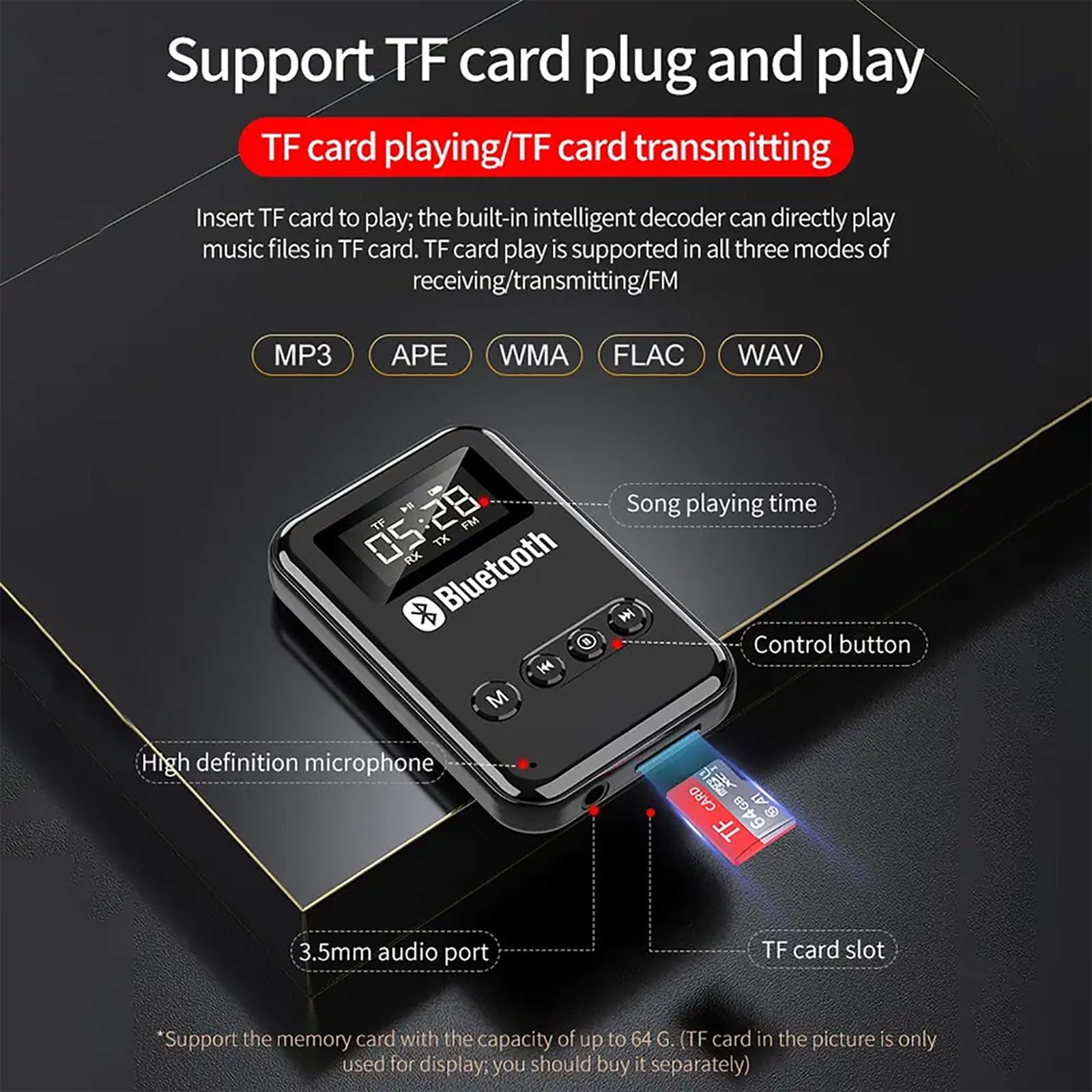 Receptor De Transmisor Bluetooth 5.0, Adaptador De Transceptor Recargable Inalámbrico Portátil Con Conector De 3,5 Mm, Compatible Con Reproducción De Tarjeta TF/transmisión De FM, Para Altavoces