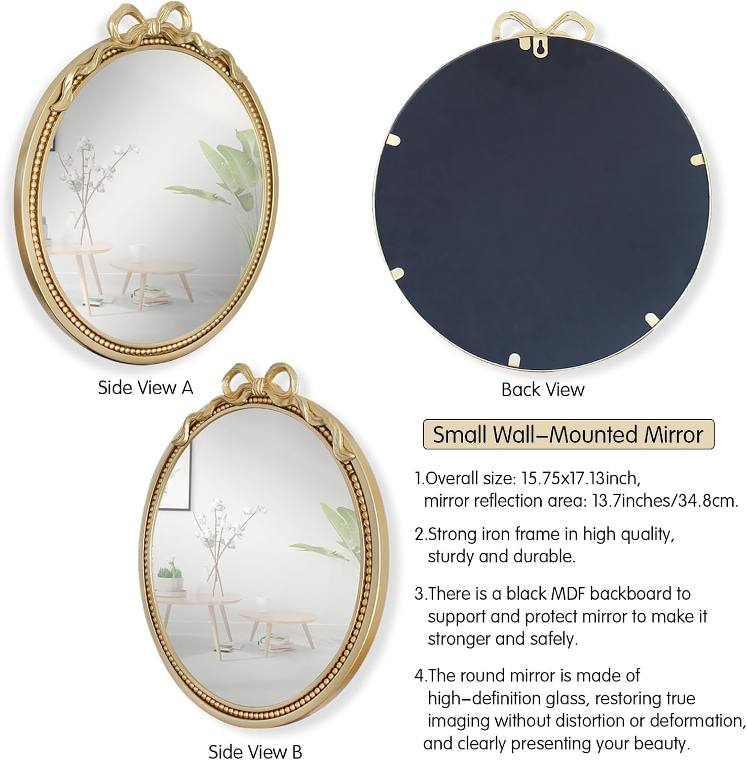15.75" Small Gold Bow Decorative Round Mirror,Metal Frame Hanging Circle Mirror, Wall Mounted for Entryway, Bathroom, Interior/Room Decoration, Living Room(Mini Size)