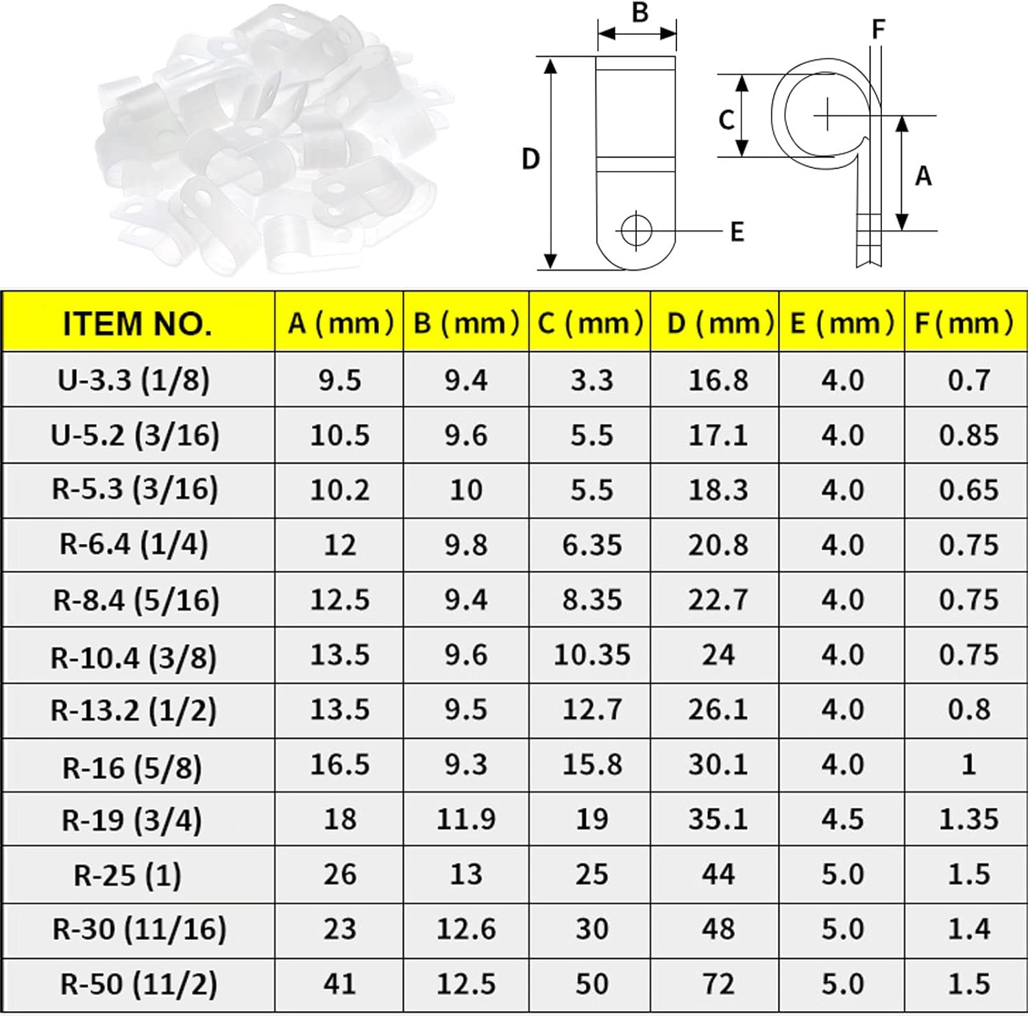 200 Pcs White Nylon R-Type Cable Clamp 1/4 Inch Cable Organizer Assortment Kit for Wire Management