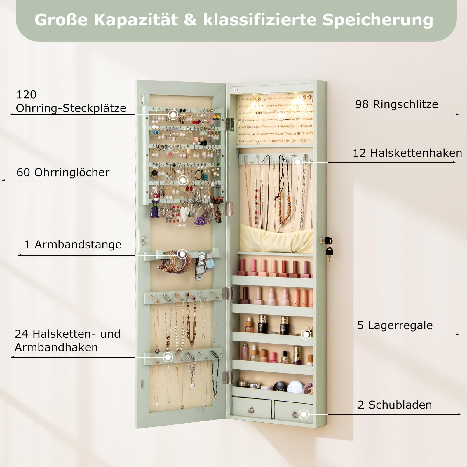 COSTWAY Schmuckschrank mit LED Spiegel, Schmuckregal abschließbar mit Schlüsseln, Wandspiegel Spiegelschrank hängend, Schmuckaufbewahrung 120 x 35,5 x 10 cm (Grün)