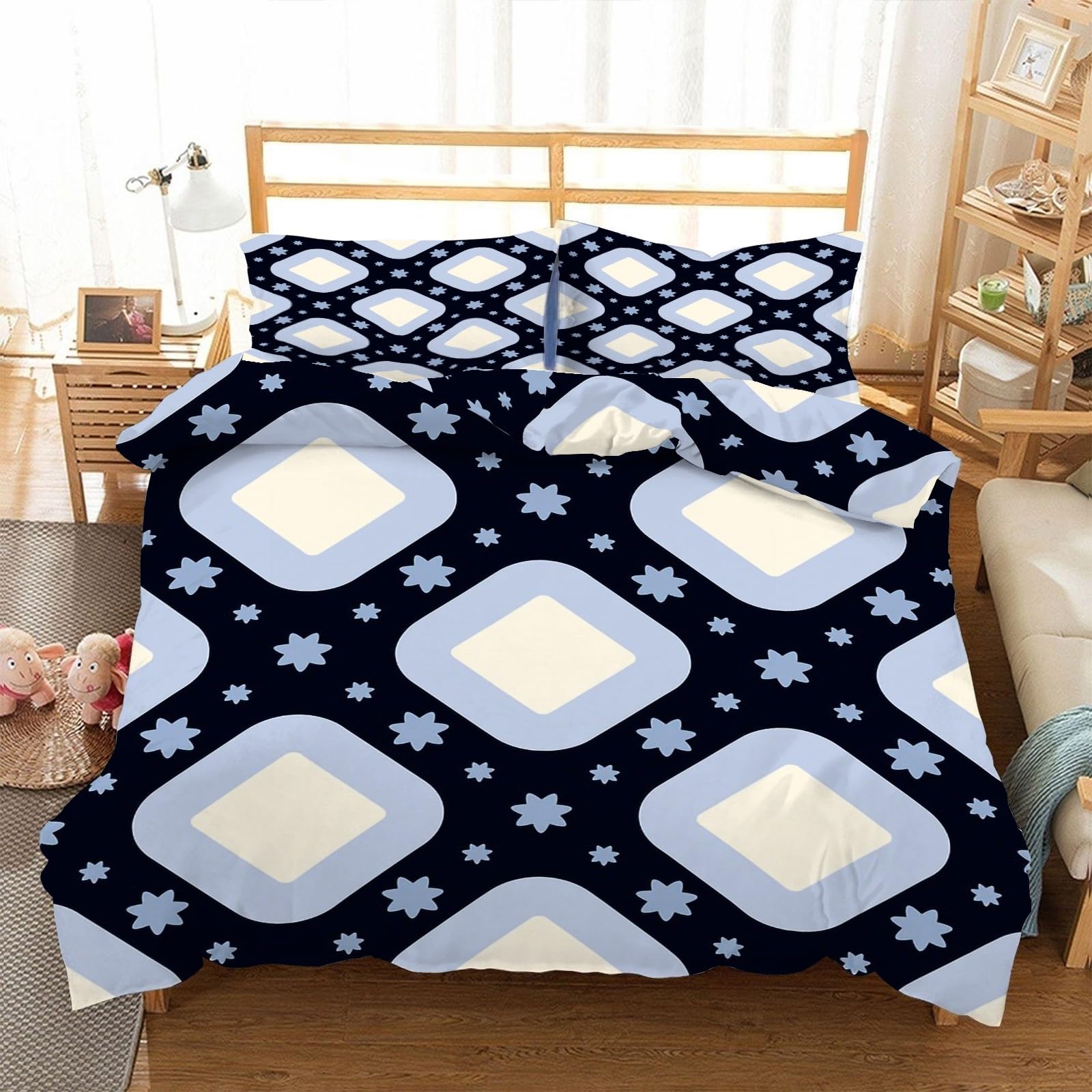 Housse de couette 140x200 microfibre bleu noir avec parure de lit 3 pièces AK1736