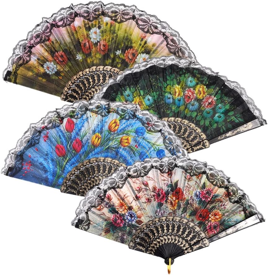 HUNANBANG 4 Pieces Folding Hand Fans Japanese Bamboo Vintage Lace Dancing Cosplay Wedding Party Decoration Gift Size 9" Wholesale 1 Dozen (Spanish 4pack)