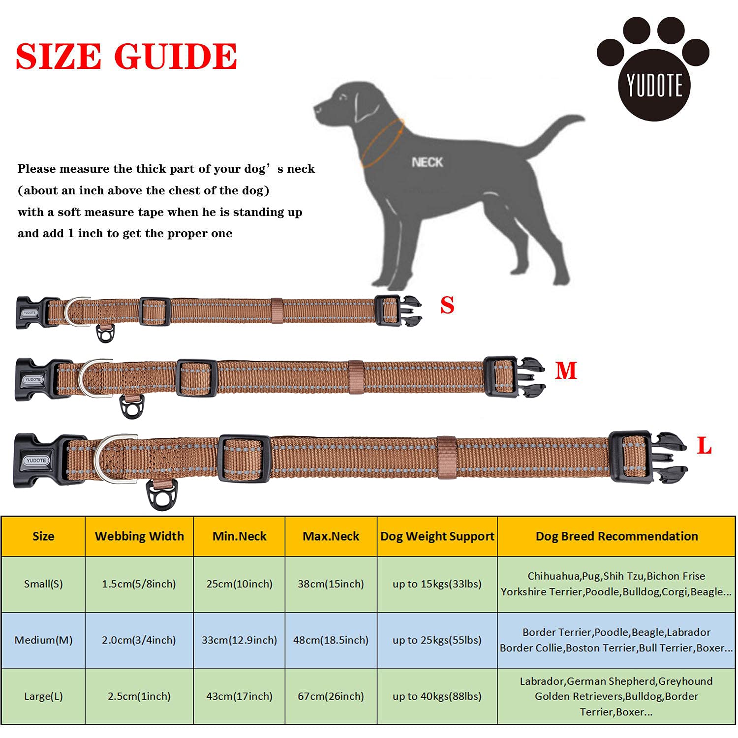 YUDOTE Collare per cani in nylon resistente riflettente con fodera imbottita in neoprene morbido e confortevole, per cani di taglia grande, uso quotidiano, marrone