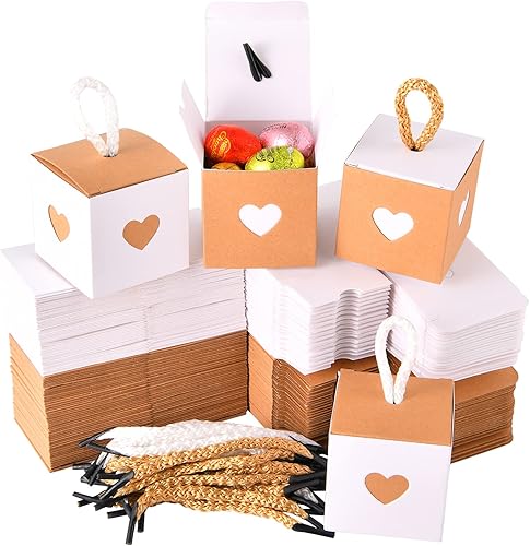 Paquete de 100 mini cajas de regalo de corazón blanco y marrón  2 x 2 x 2 pulgadas, cajas de papel kraft para dulces y fiestas, con bonitas asas de