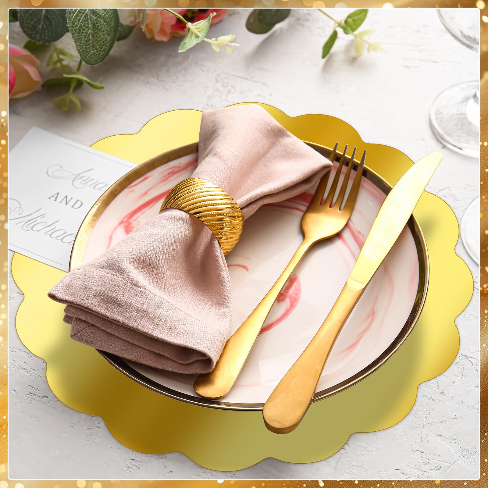 150 manteles individuales de papel dorado festoneado para platos de cena, manteles individuales desechables redondos de 13.5 pulgadas, a granel para Navidad, boda, fiesta de cumpleaños