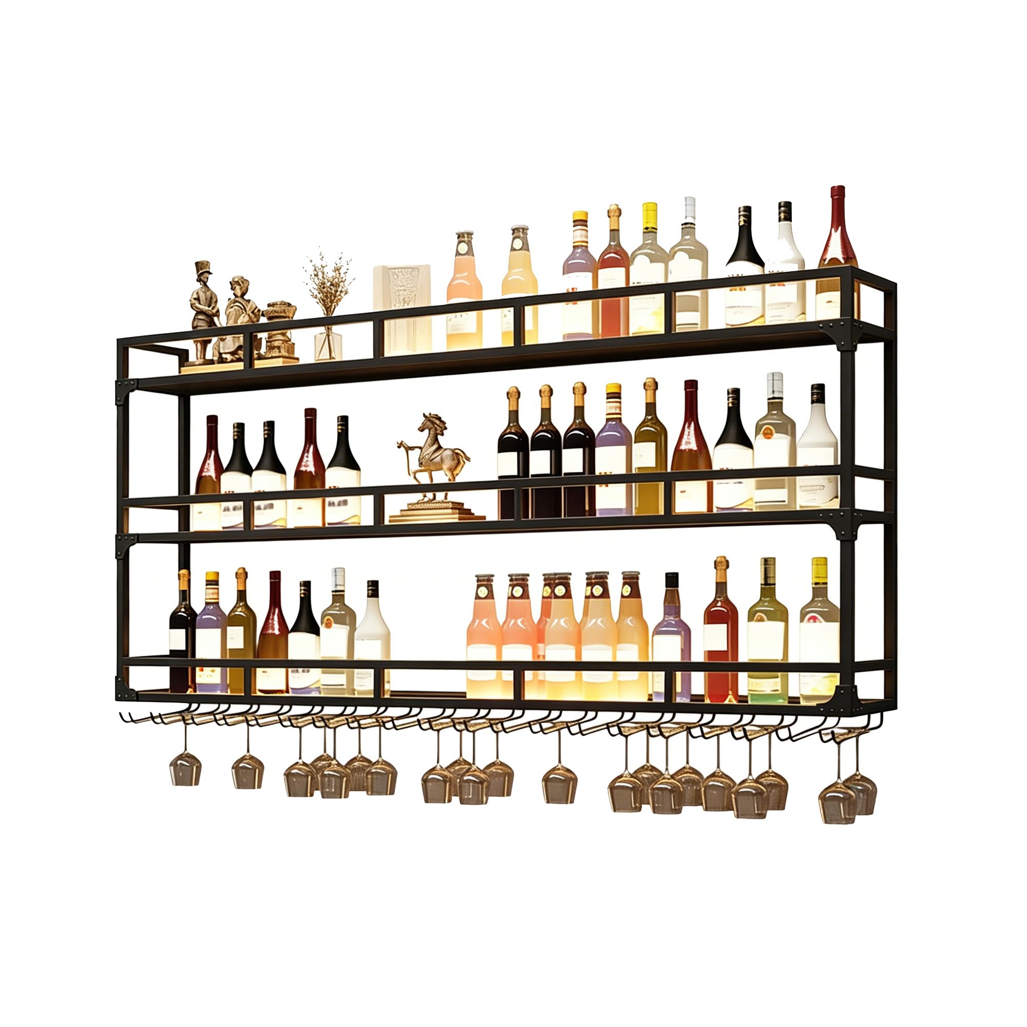 Botellero Vino Pared con Luz Vinoteca Mueble Bar Garrafeira Mini Bar Wine Rack Mueble Comedor Cocina Estantes de Almacenamiento con Soporte Copas Colgante para Cocina Despensa Bodega Barra para Bar(Ne