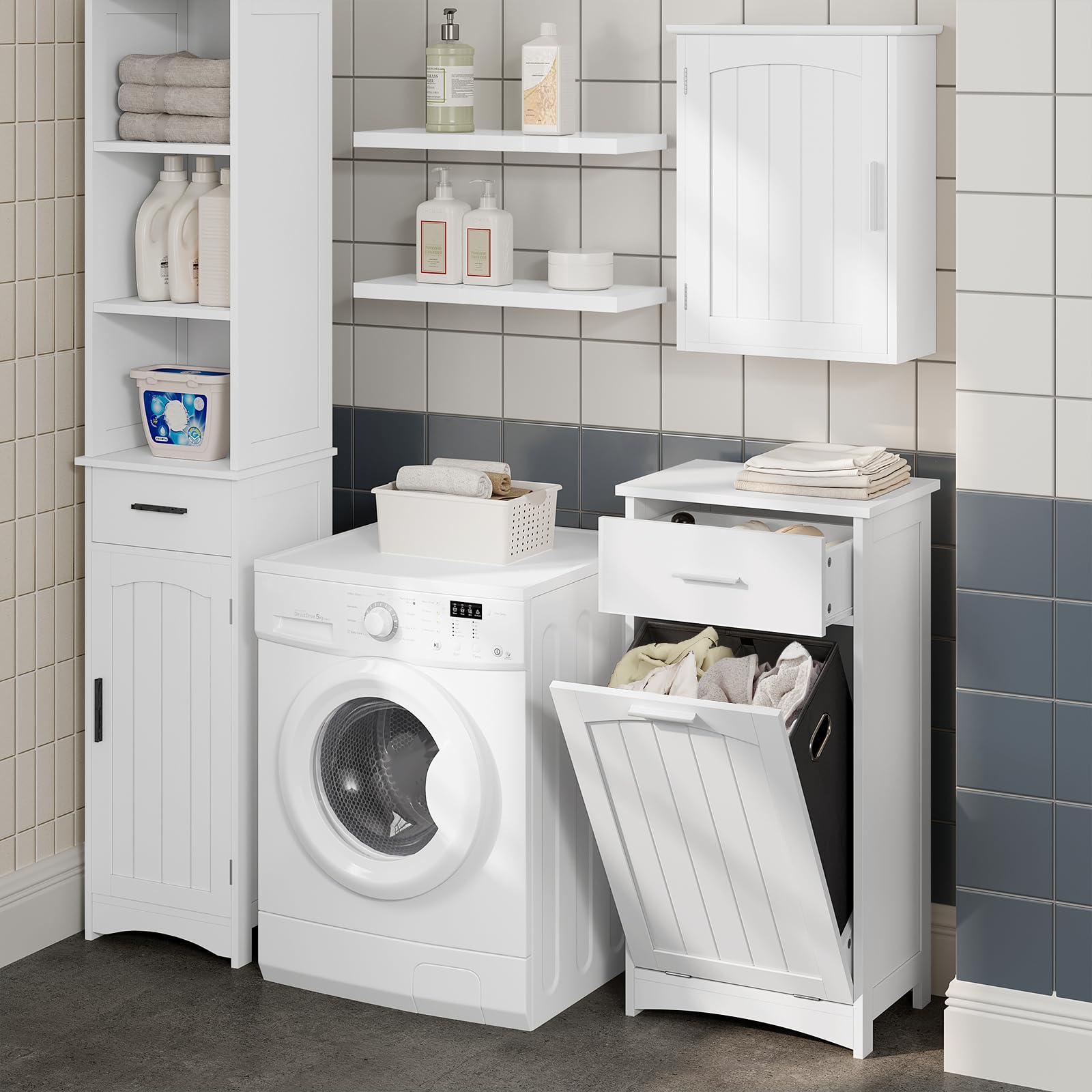 EUGAD Mobile da Bagno con Portabiancheria, Cesto Portabiancheria, Mobiletto da Bagno con Cassetto, Portabiancheria a 2 Scomparti, in MDF e Tessuto, Bianco, 42x30x82cm