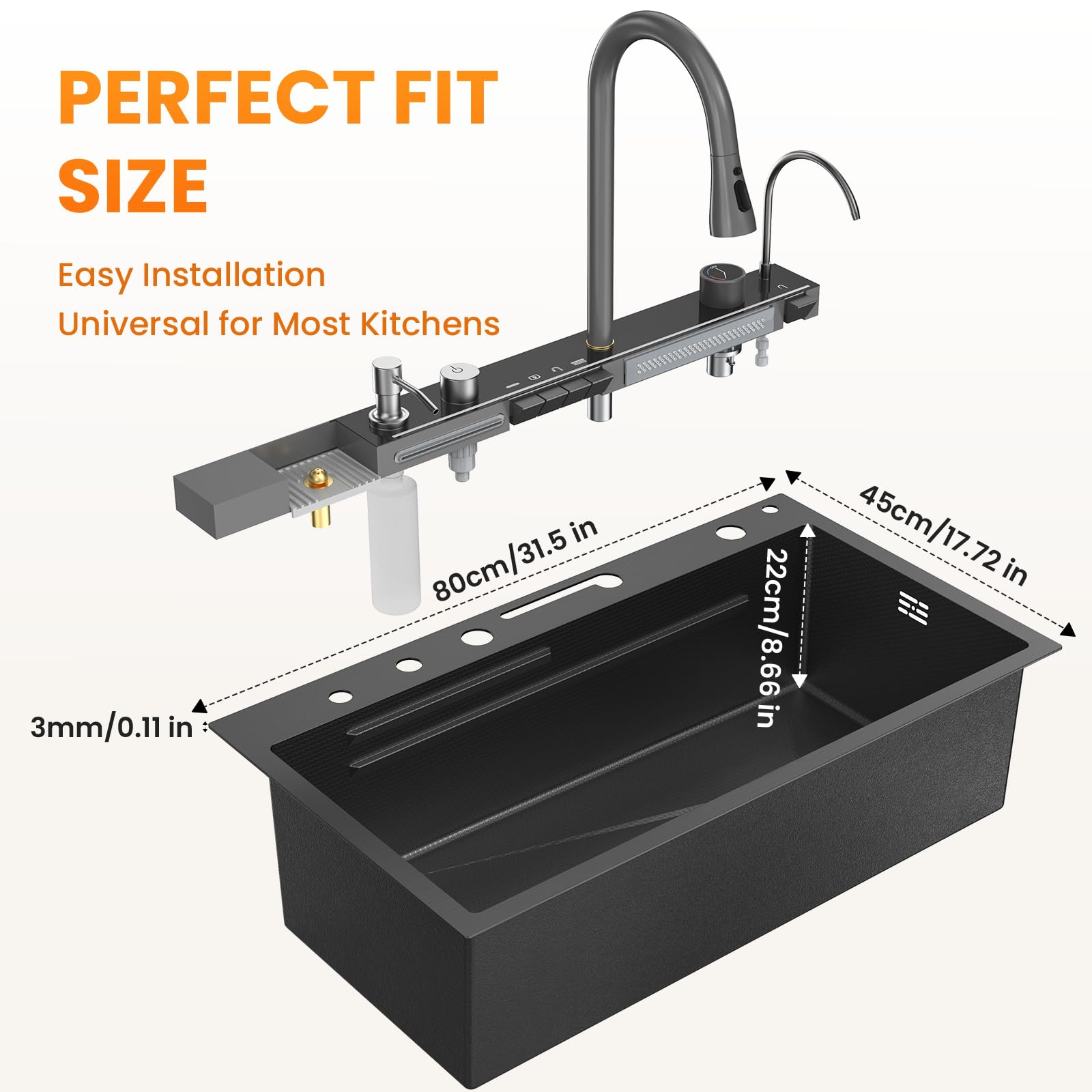 Fregadero de cocina, fregadero 1 cuenco, fregadero de cocina, fregadero de cocina con sifón, rebosadero y desagüe, cascada moderna multifuncional con juego de accesorios, 80 x 45 x 23 cm