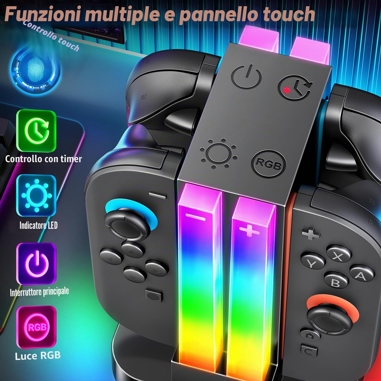 Stazione di ricarica per Switch 2 Joy cons, Caricatore di Joycon Compatibile con Nintendo Switch 2 Controller con 6 Modalità di Luce RGB e Funzione Timer