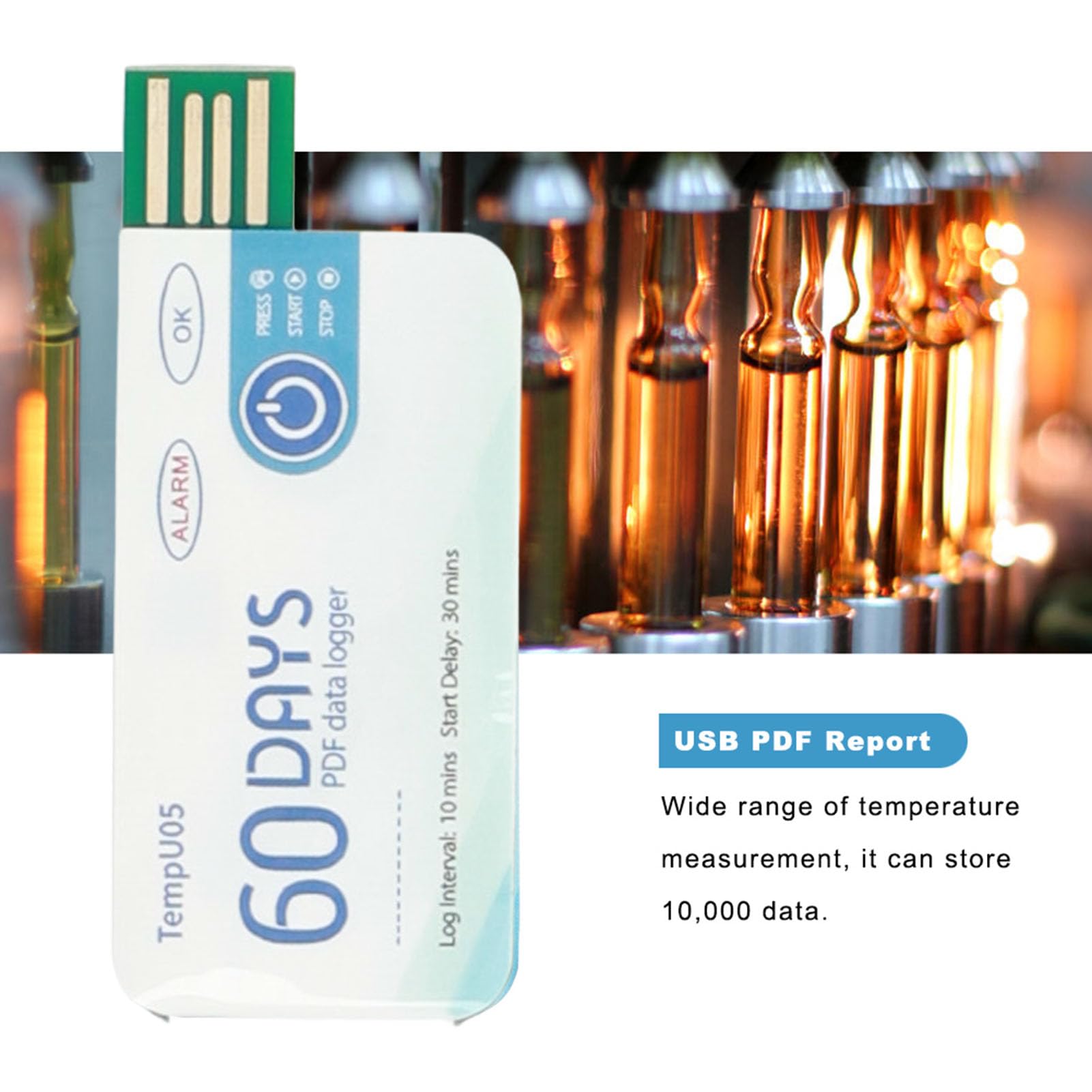 CHICIRIS Registratore di Dati di Temperatura, Tempus05 Registratore di Dati Monouso del Registratore di Temperatura USB Usa e Getta Rapporto PDF (TempU05)