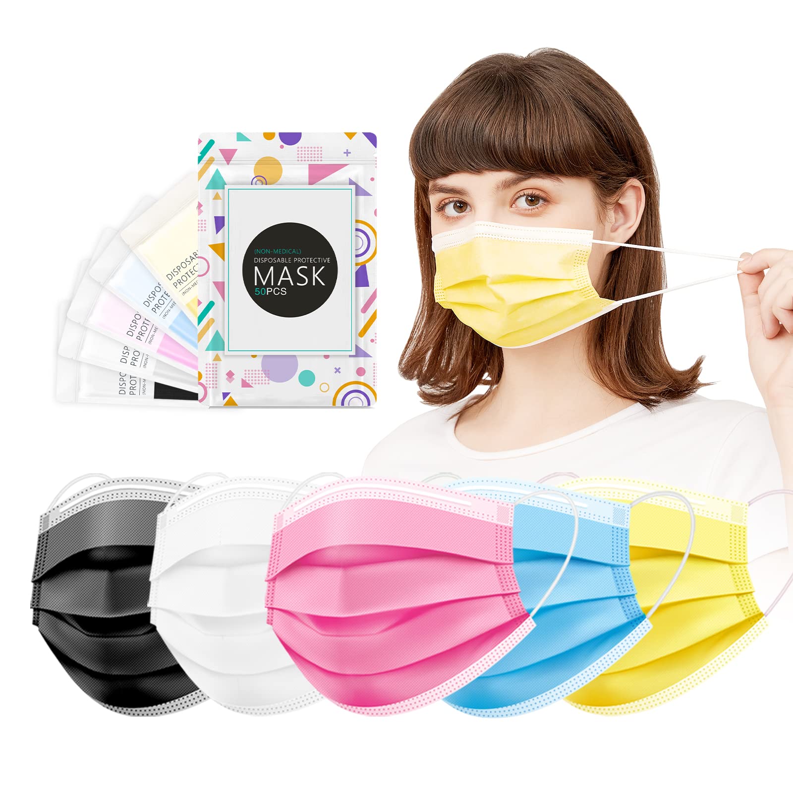 Assacalynn Colored Disposable Masks 50pcs, 3 Ply Breathable Muticolor Adult Mask, Stylish Color Mouth Dust Mask for Women Men Pink Yellow Black White Blue