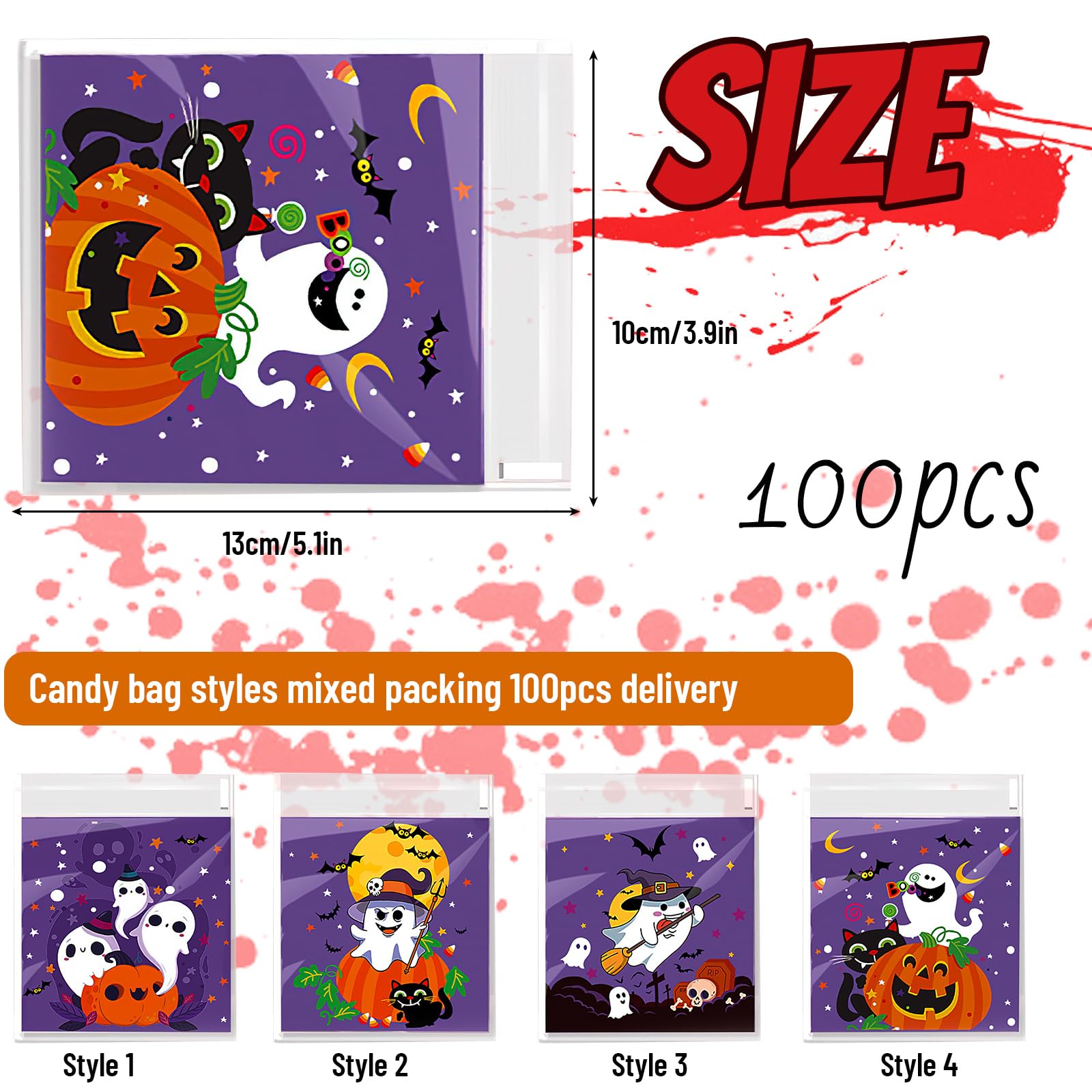 200 Sachets Bonbons Halloween Transparents Avec Fermeture Autocollante - 10x10 Cm, Pour Fêtes, Chasses Aux Bonbons, Goodies - 9