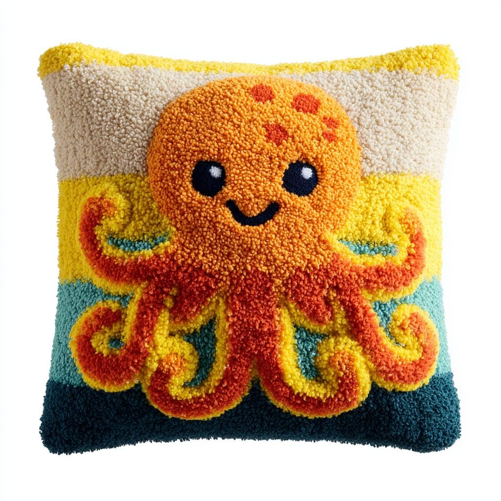 Taxpy Latch Hook Cushion Kits, Cartoon Octopus Latch Hook Pillow Case Kits Embroidery Kit Carpet Set 43x43cm, DIY Needlework Pillow Cover Sofa Cushion Rug Making Kit