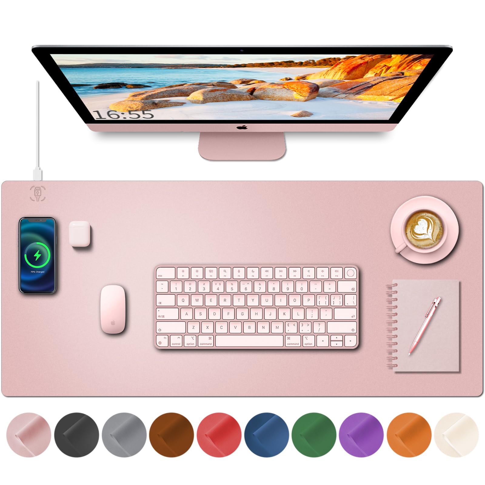 Desk Mat with Wireless Charging, Pink Mouse Pad with Wireless Charger, Desk Pad Desk Matt for Desktop, Mousepad Gaming Large Mouse Pad, Leather Computer Mouse Pad for Keyboard and Mouse, 32" x 16"